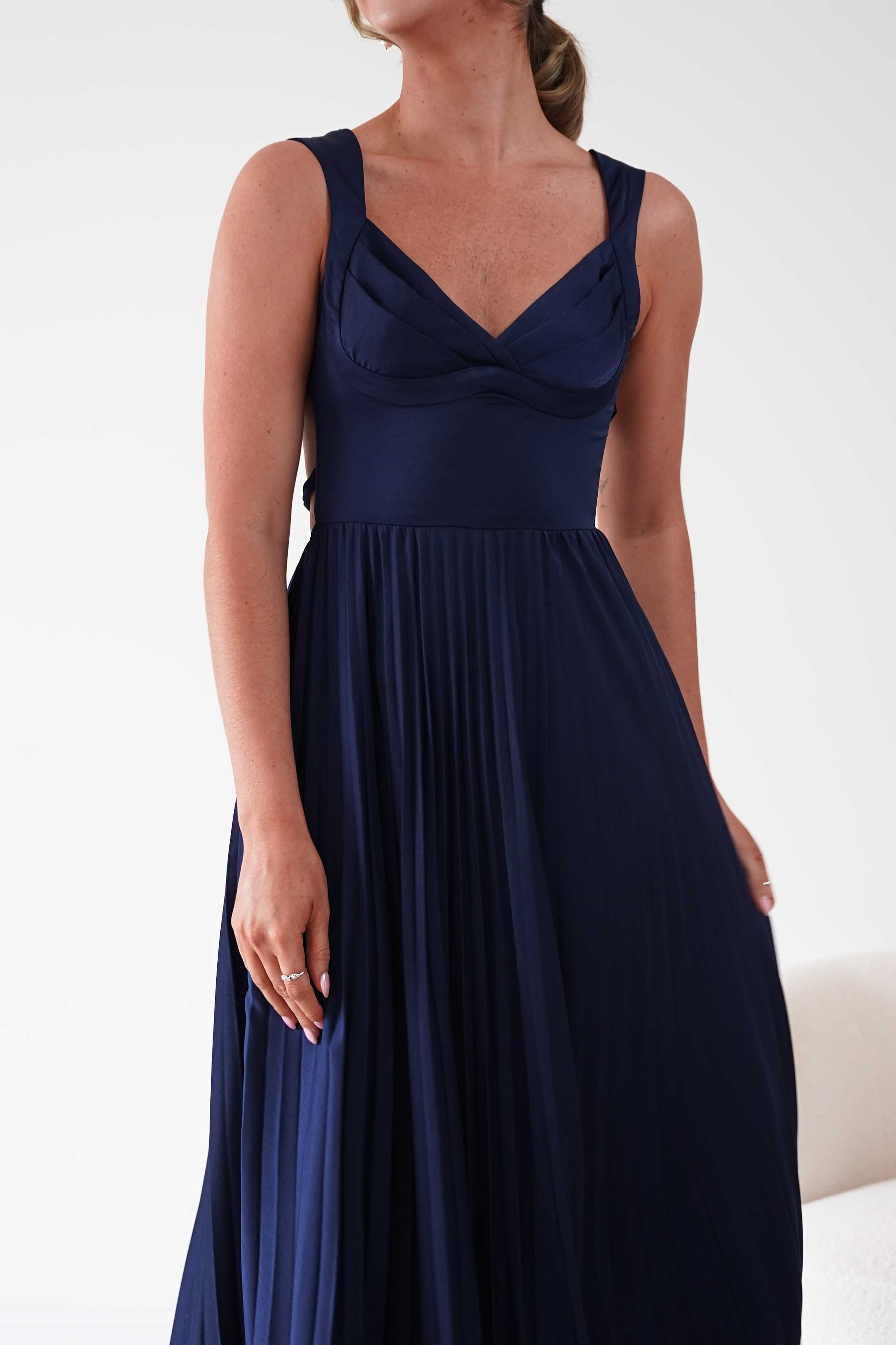 Oh Hello Clothing Women > Clothing > Dresses 1*DONE- SHAREEN-MD10021-Pleated Satin Maxi Dress/ Navy(Copy)