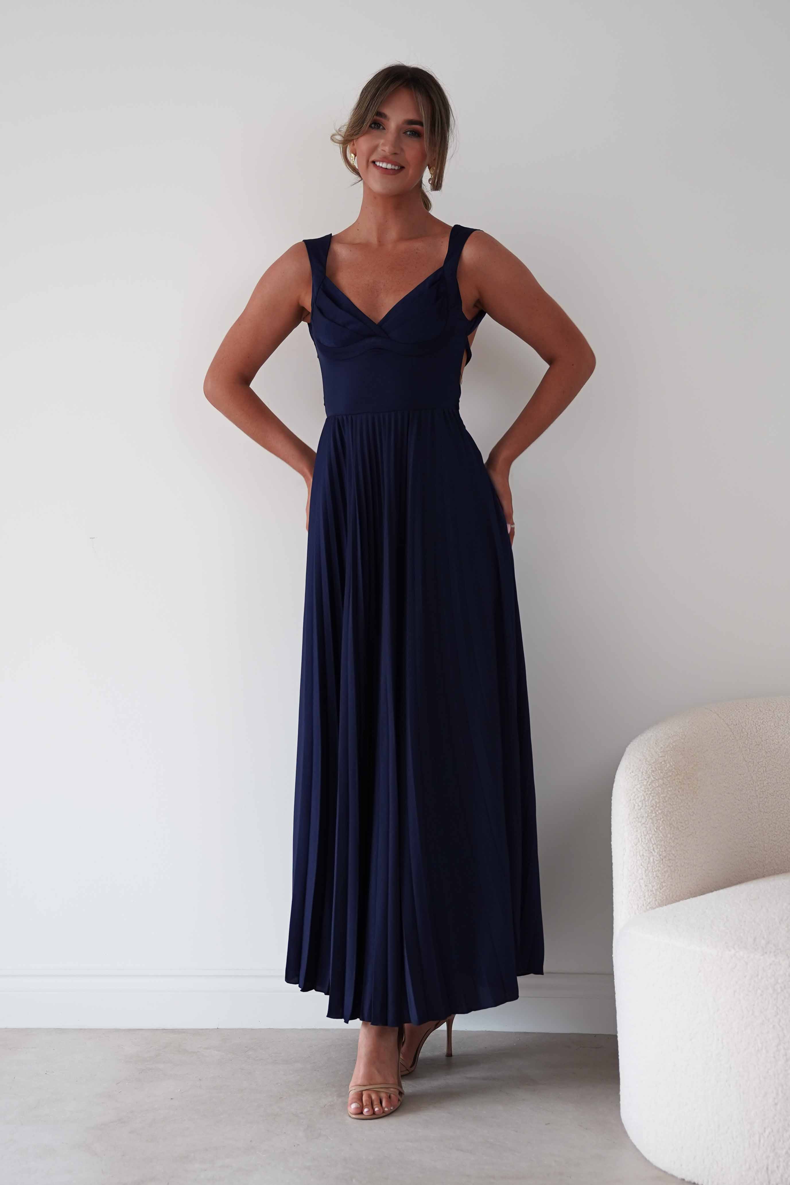 Oh Hello Clothing Women > Clothing > Dresses 1*DONE- SHAREEN-MD10021-Pleated Satin Maxi Dress/ Navy(Copy)