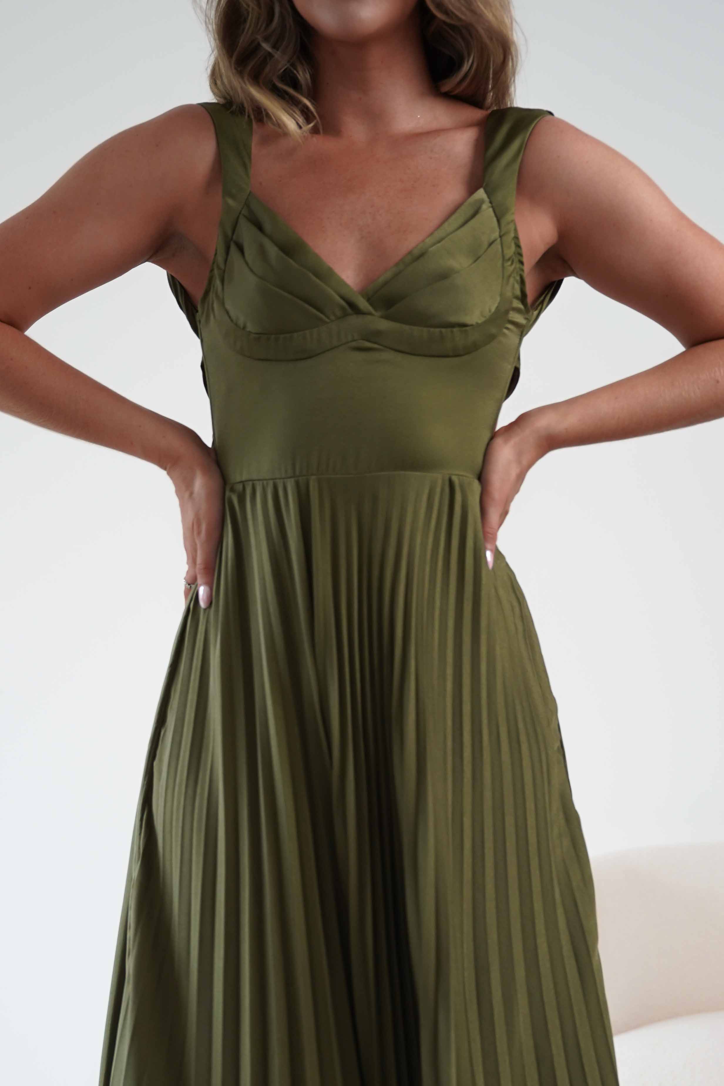 Oh Hello Clothing Women > Clothing > Dresses 1*DONE- SHAREEN-MD10021-Pleated Satin Maxi Dress/ olive (Copy) (Copy) (Copy)