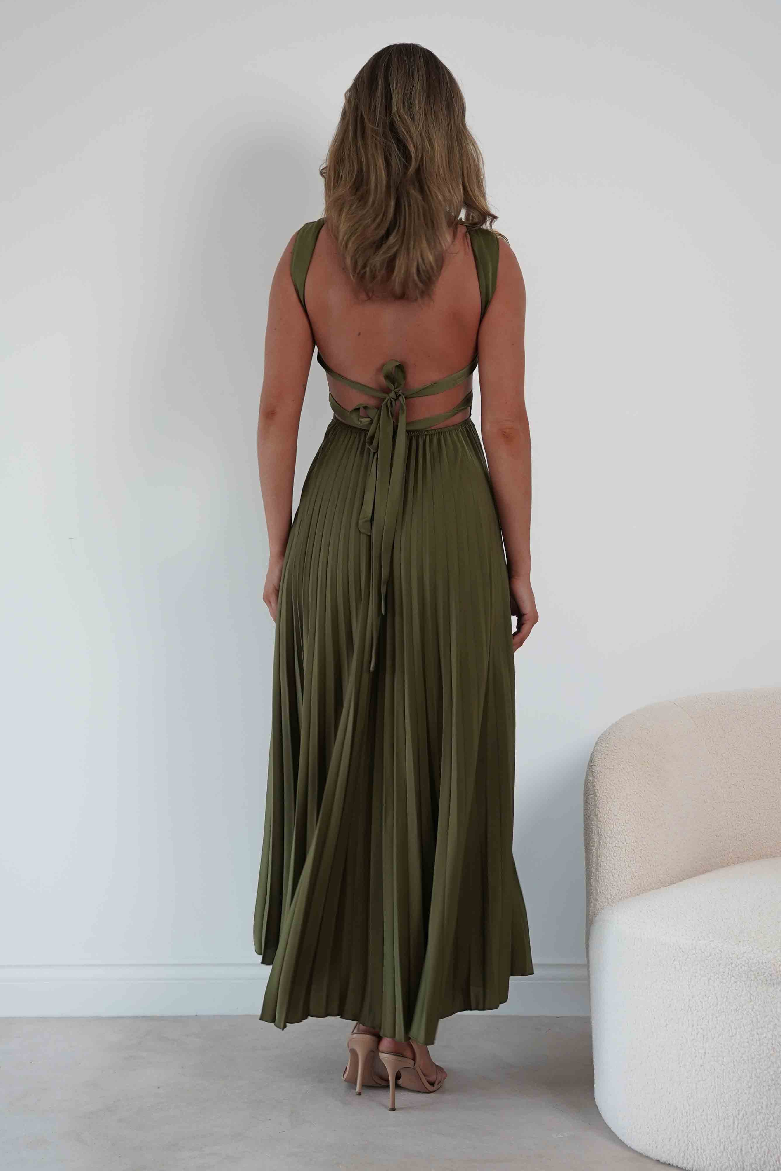 Oh Hello Clothing Women > Clothing > Dresses 1*DONE- SHAREEN-MD10021-Pleated Satin Maxi Dress/ olive (Copy) (Copy) (Copy)