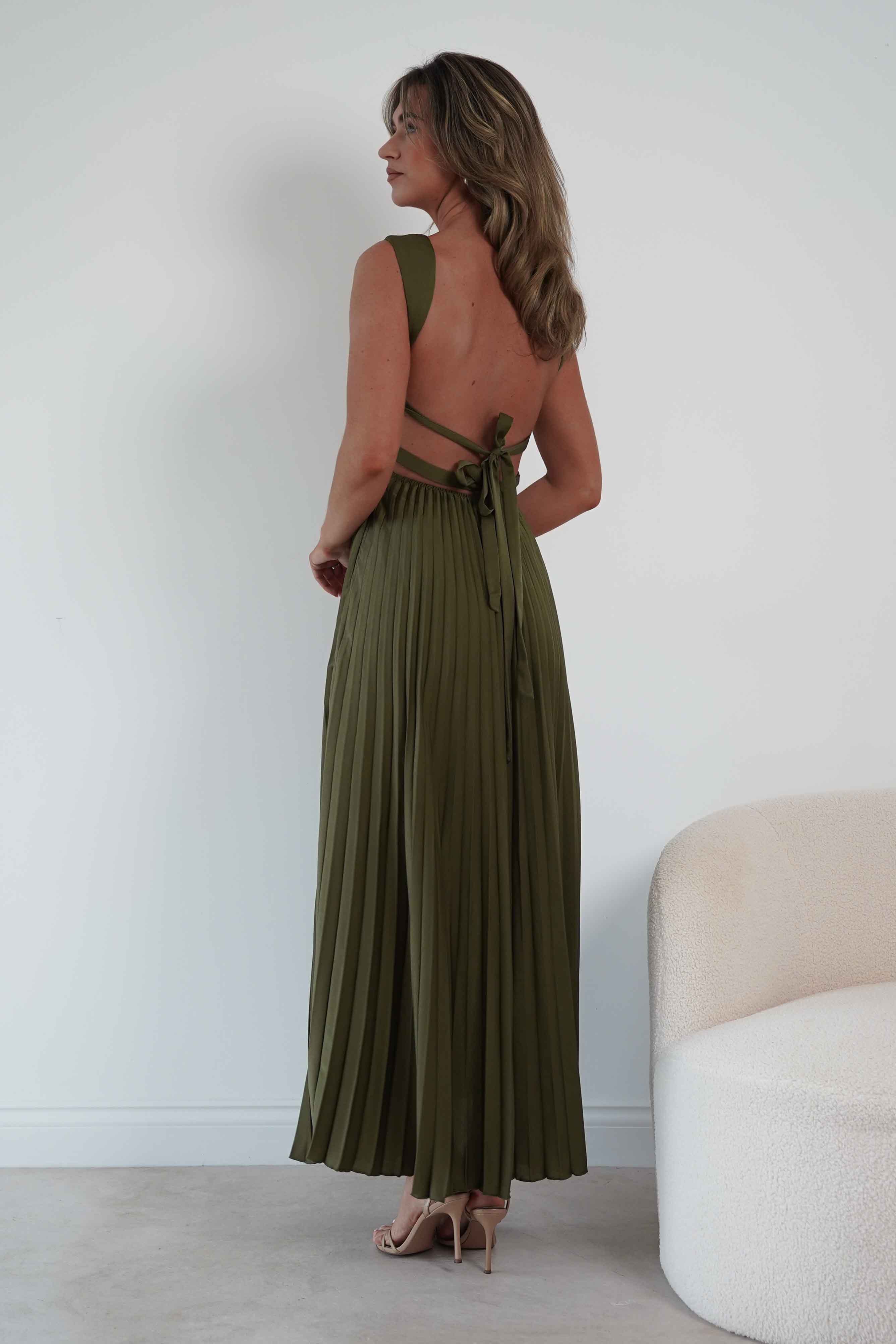 Oh Hello Clothing Women > Clothing > Dresses 1*DONE- SHAREEN-MD10021-Pleated Satin Maxi Dress/ olive (Copy) (Copy) (Copy)