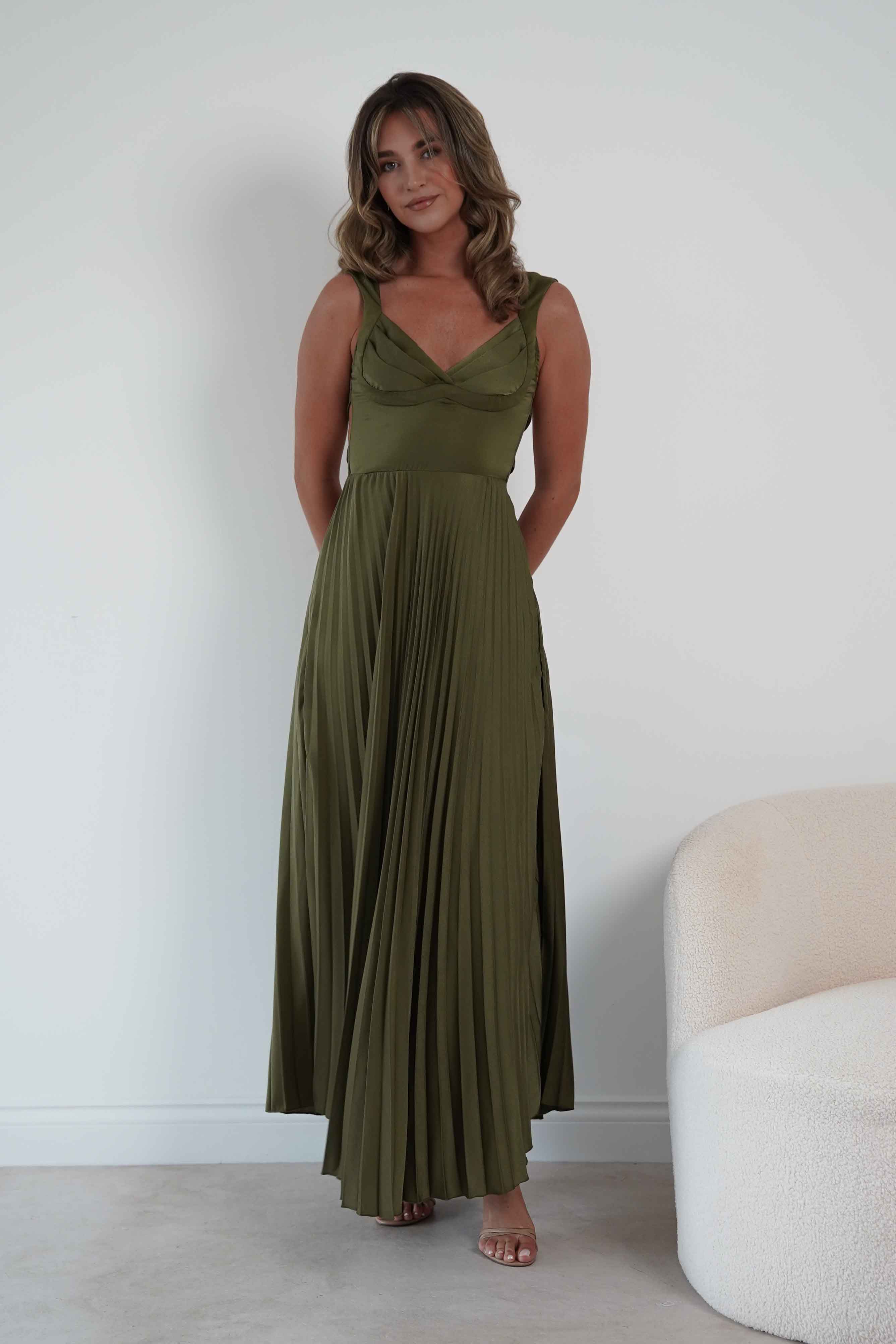 Oh Hello Clothing Women > Clothing > Dresses 1*DONE- SHAREEN-MD10021-Pleated Satin Maxi Dress/ olive (Copy) (Copy) (Copy)