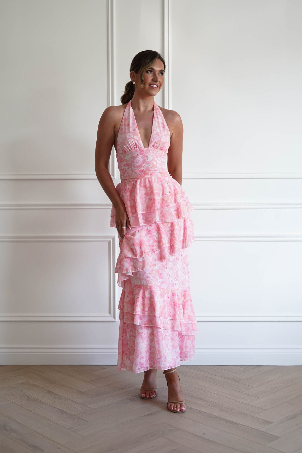religion prosperity maxi dress Pink Floral Halterneck Wedding Guest | Aryanna Colour:Green and White Bridal strapless midi dress girls birthday dresses sale Fitted maxi dress
