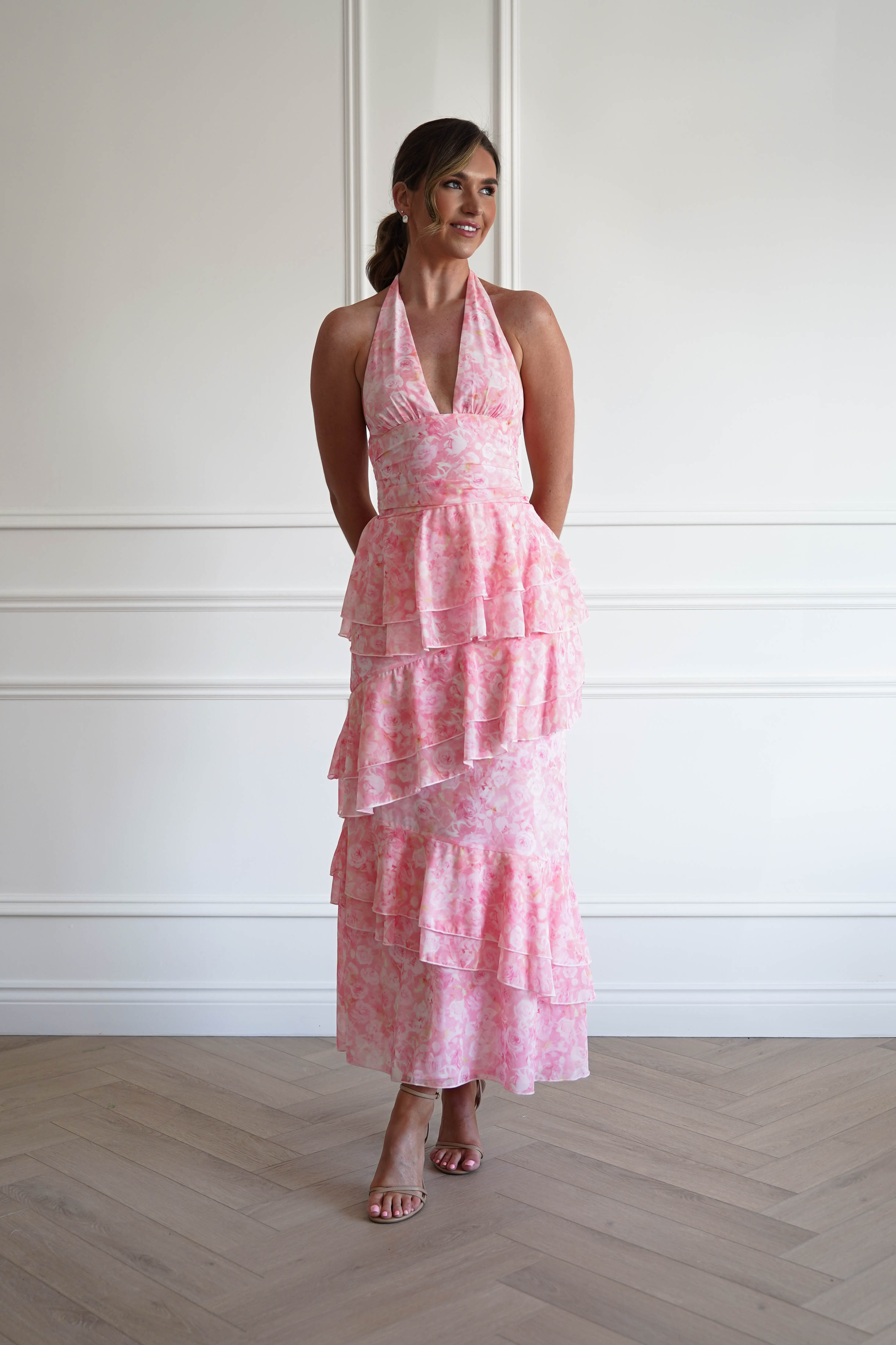 Oh Hello Clothing Women > Clothing > Dresses 1*DONE- SHAREEN-WD09641-1-PINK Tiered Halter Maxi Dress (Copy)