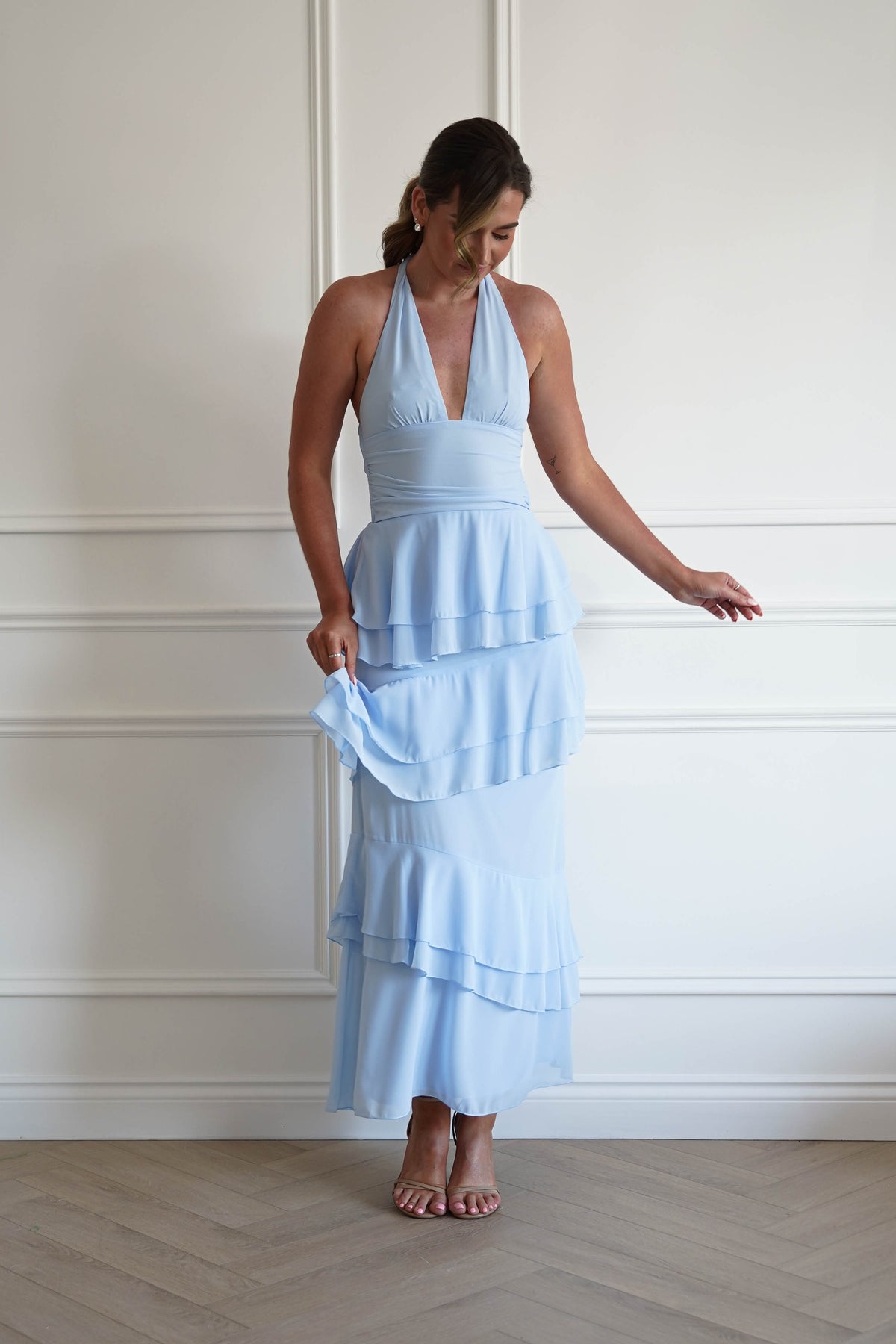Caterina Tiered Halter Maxi Dress | Blue