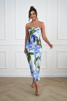 Oh Hello Clothing Women > Clothing > Dresses 1*DONE -SHAREENCOLLECTION-AD04802-59-Blue Floral Off-Shoulder Satin Midi Dress