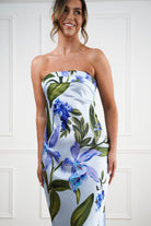 Oh Hello Clothing Women > Clothing > Dresses 1*DONE -SHAREENCOLLECTION-AD04802-59-Blue Floral Off-Shoulder Satin Midi Dress