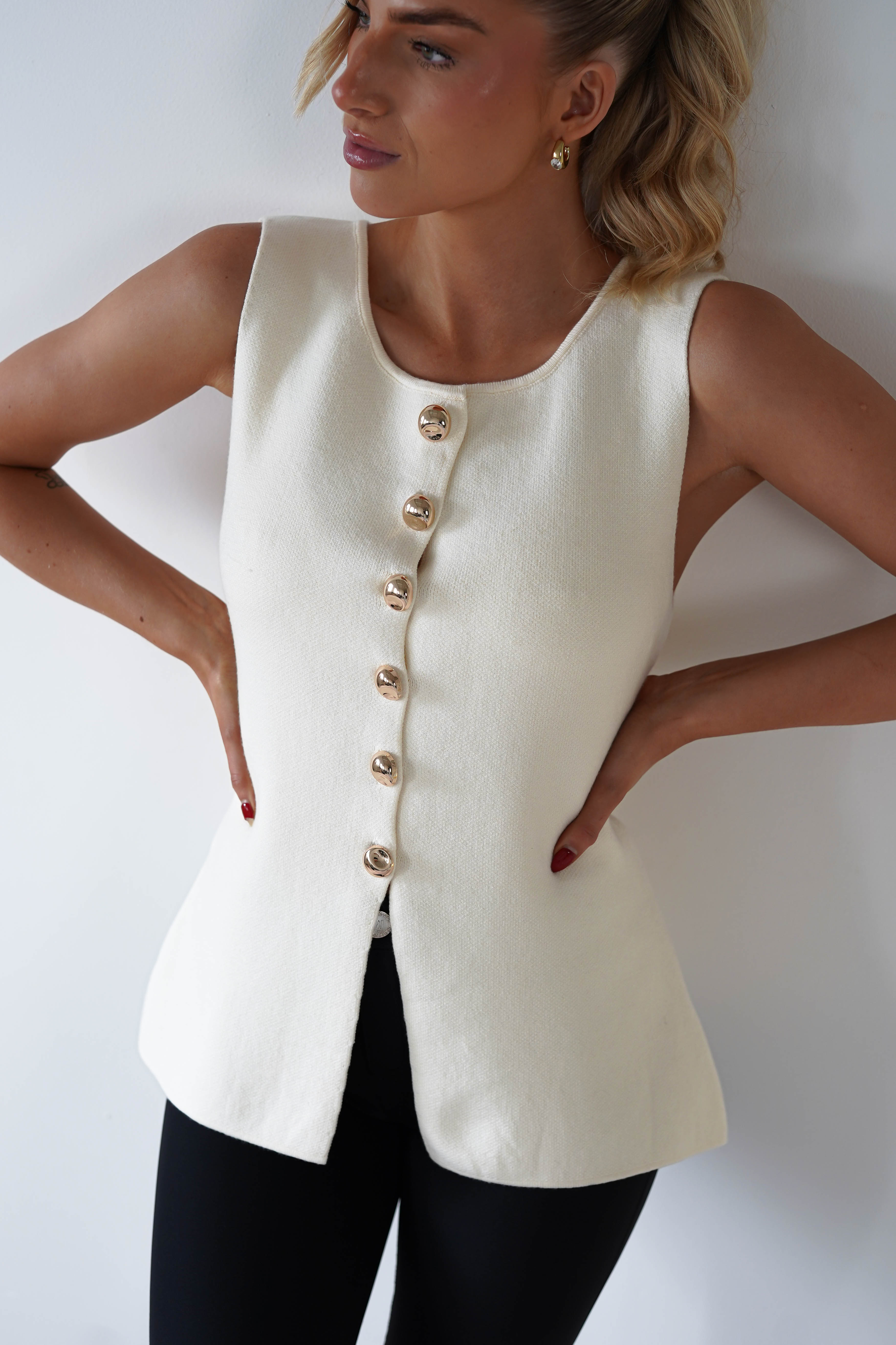 Louella Gold Button Waistcoat Top | Cream