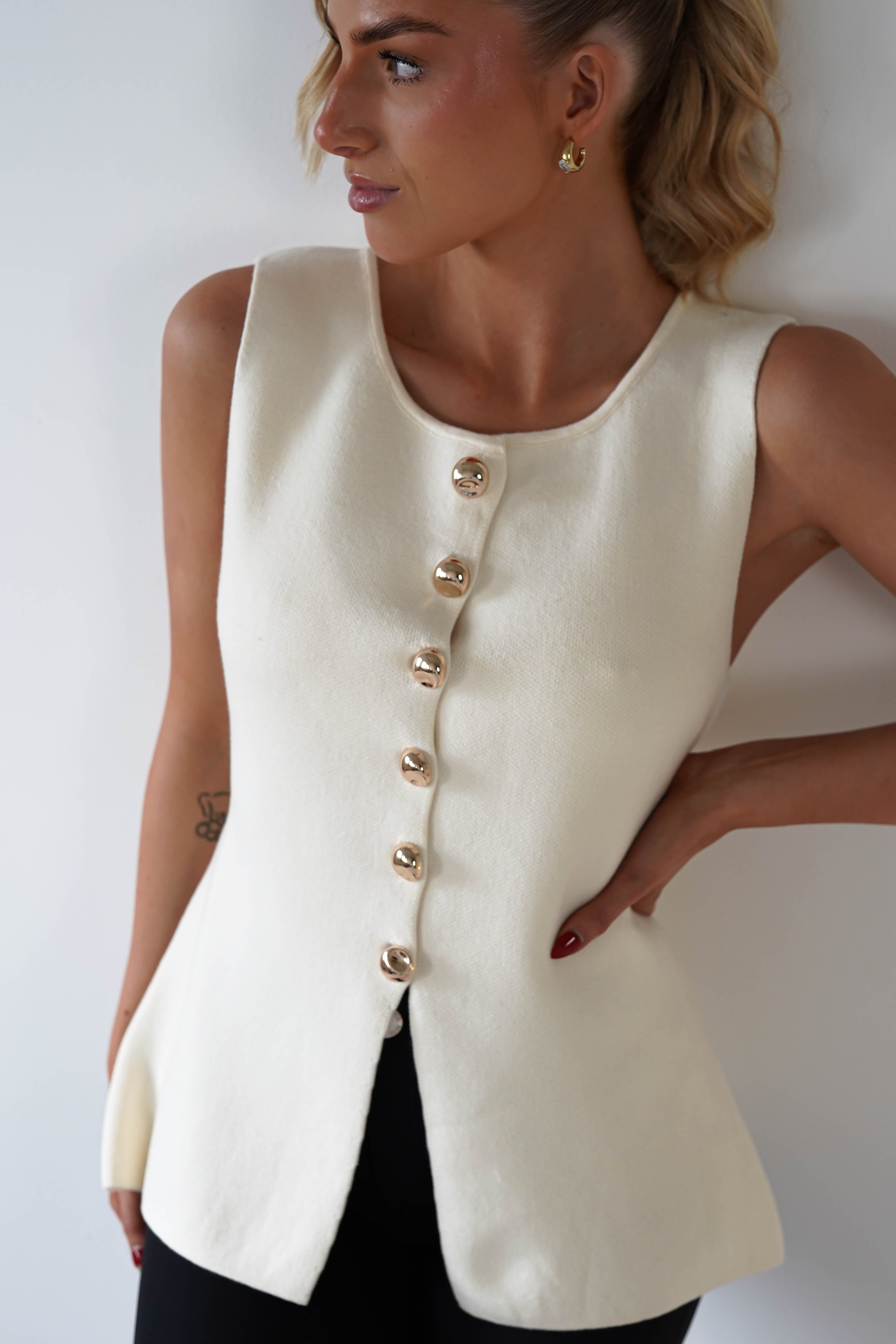 Louella Gold Button Waistcoat Top | Cream