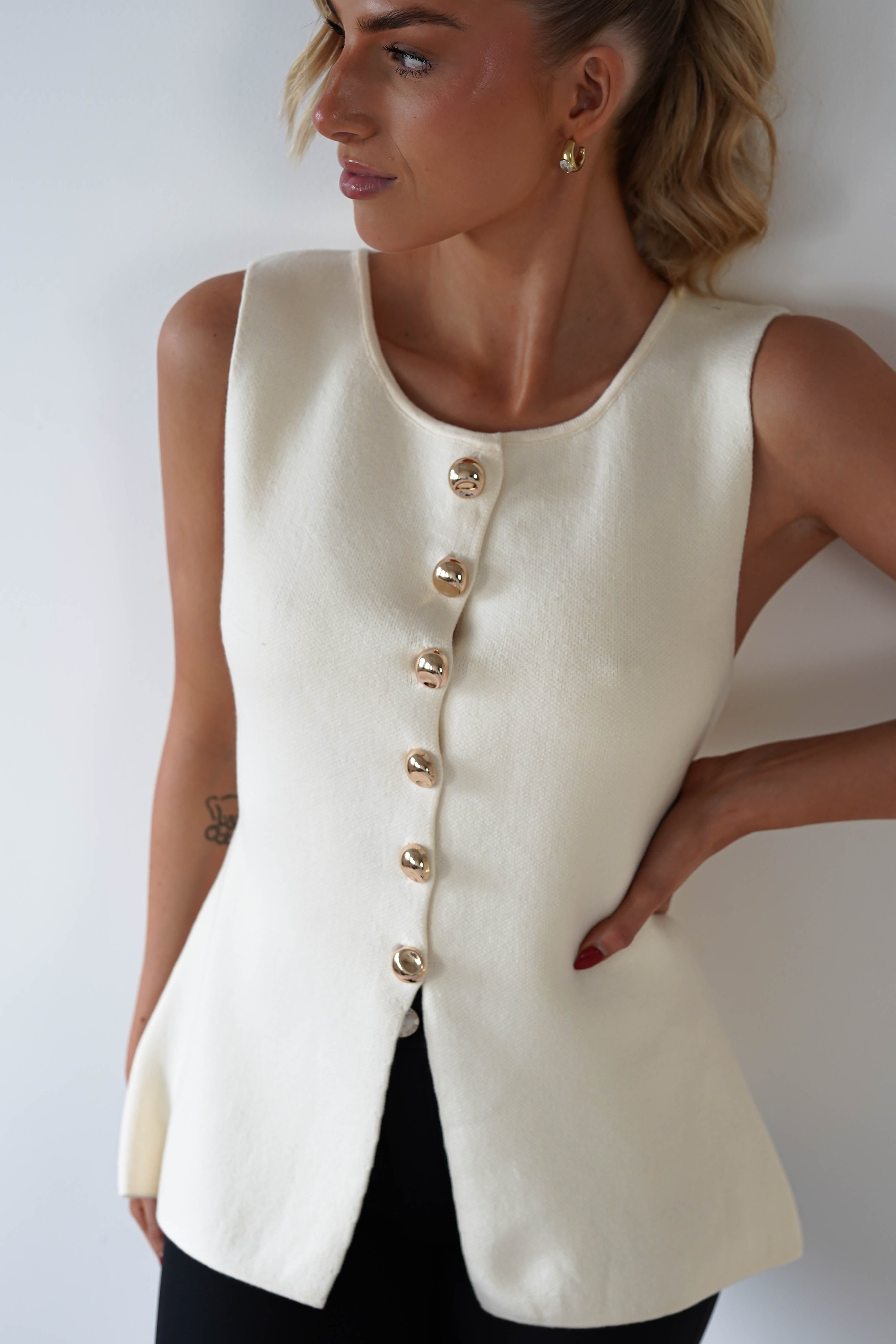 Louella Gold Button Waistcoat Top | Cream