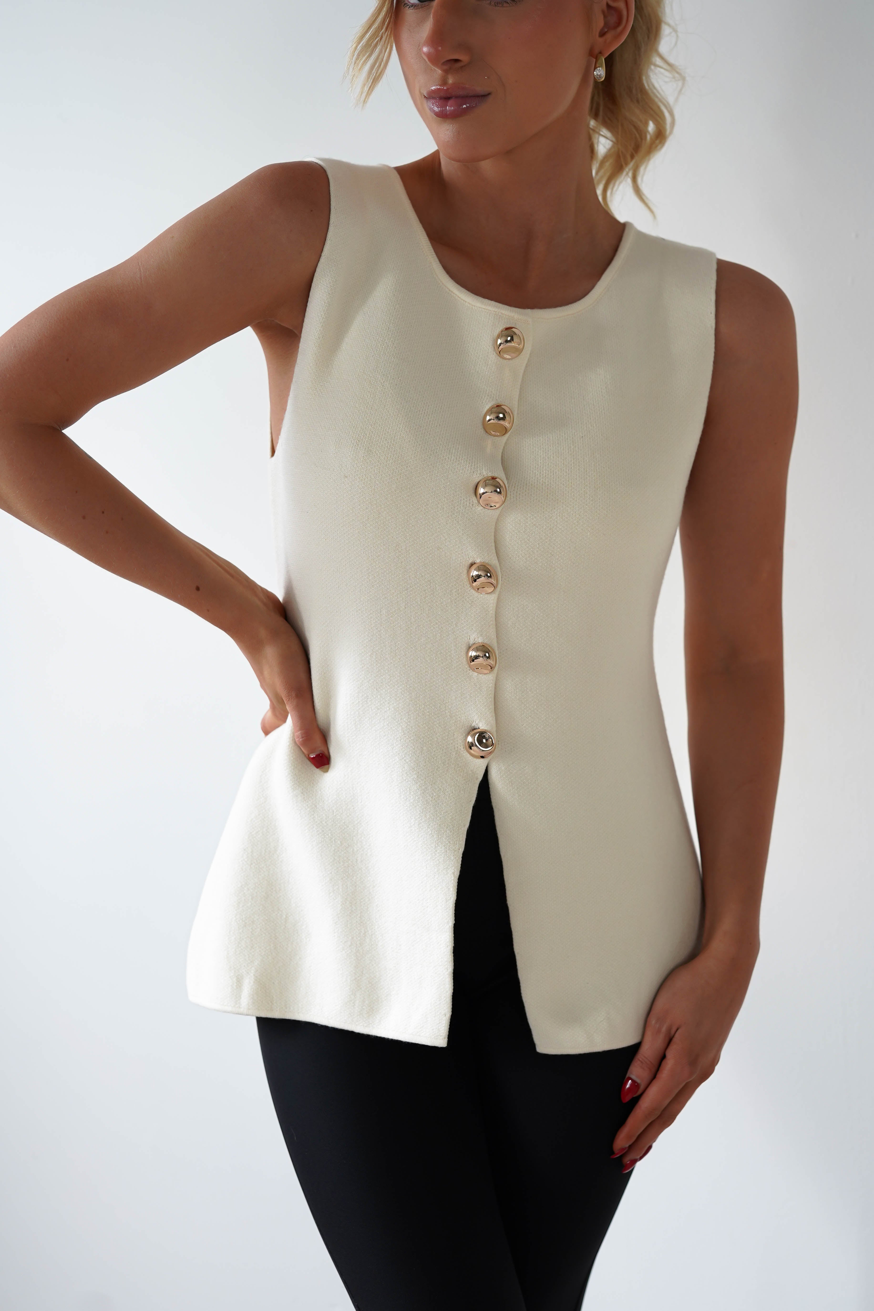 Louella Gold Button Waistcoat Top | Cream