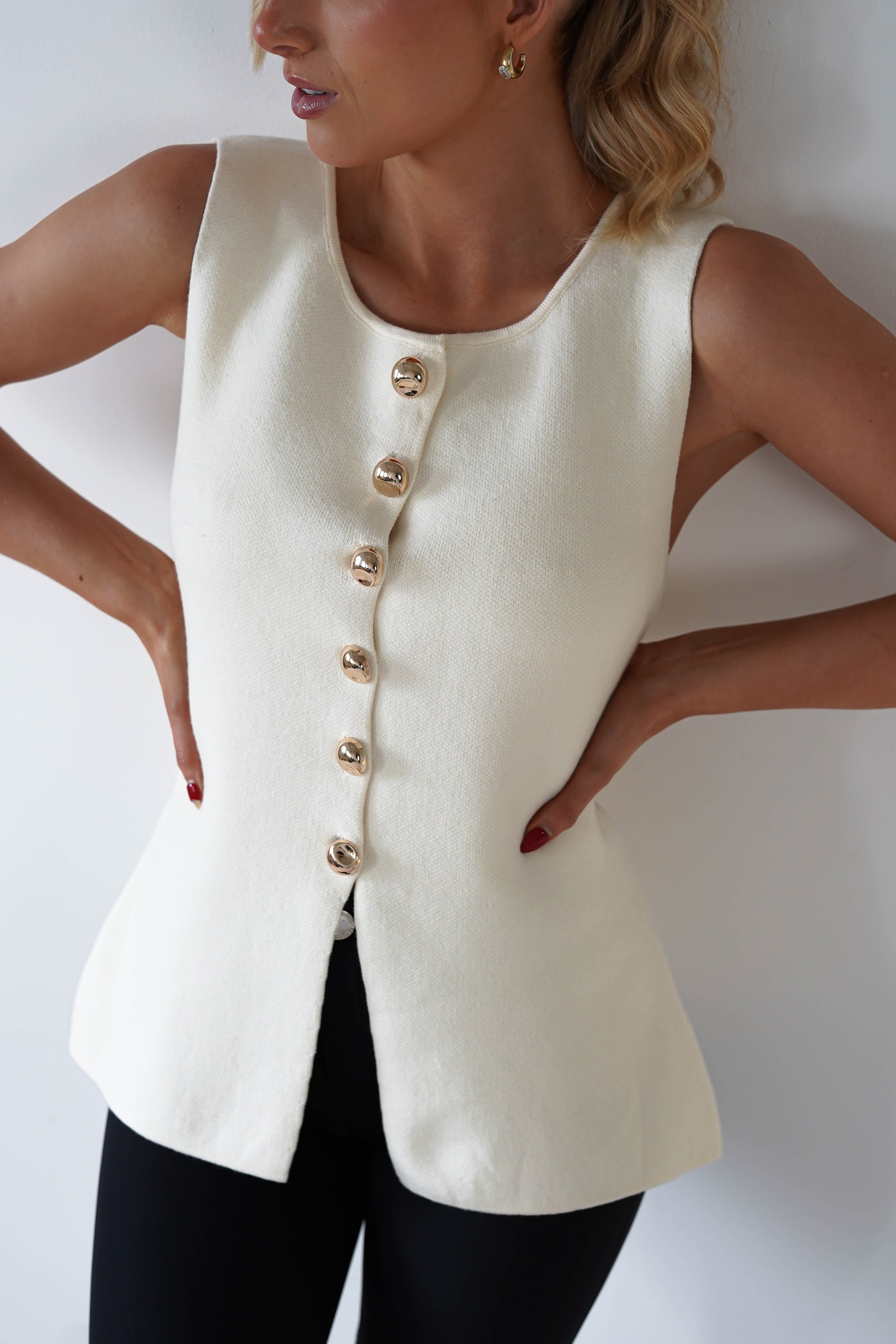 Louella Gold Button Waistcoat Top | Cream