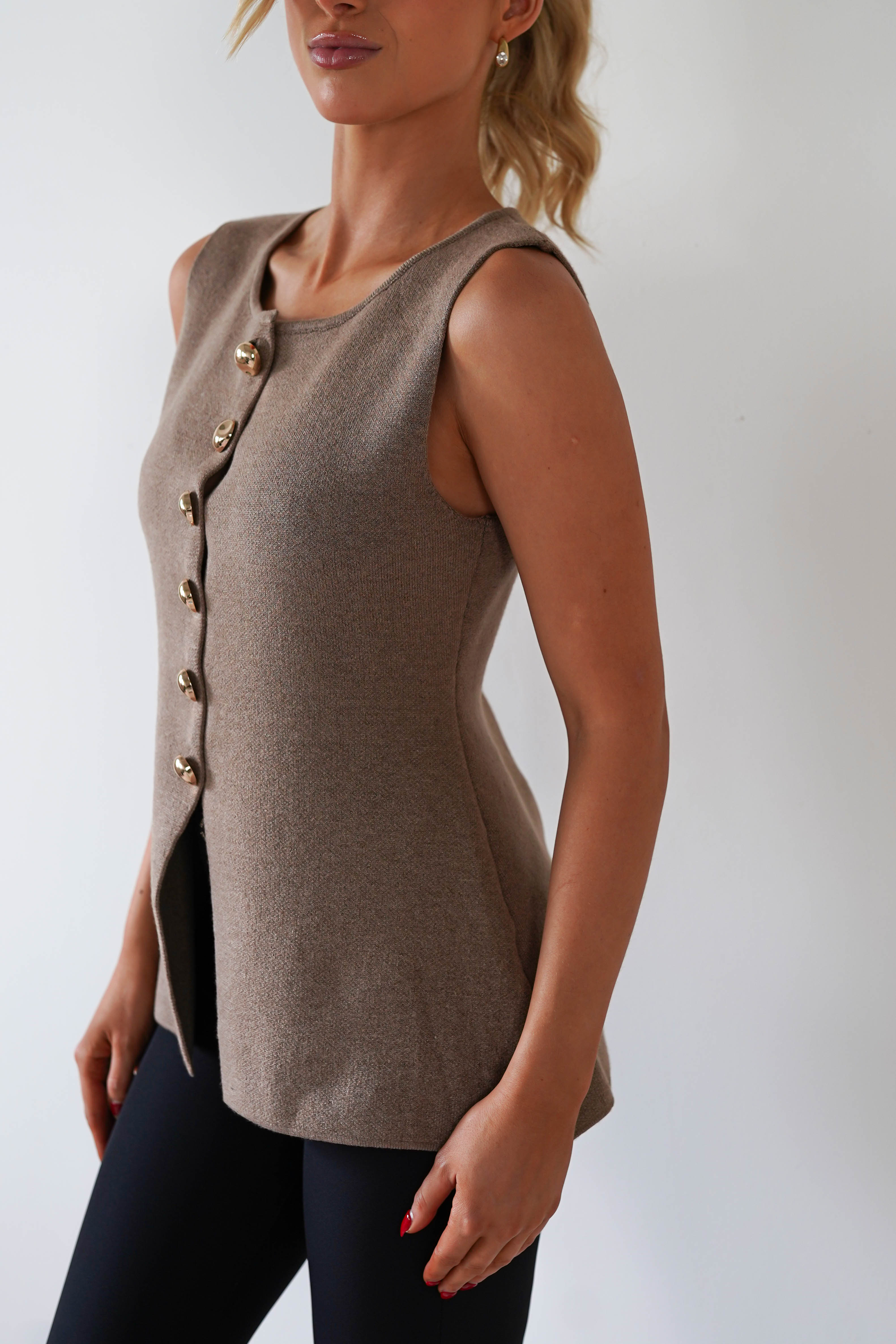 Louella Gold Button Waistcoat Top | Brown