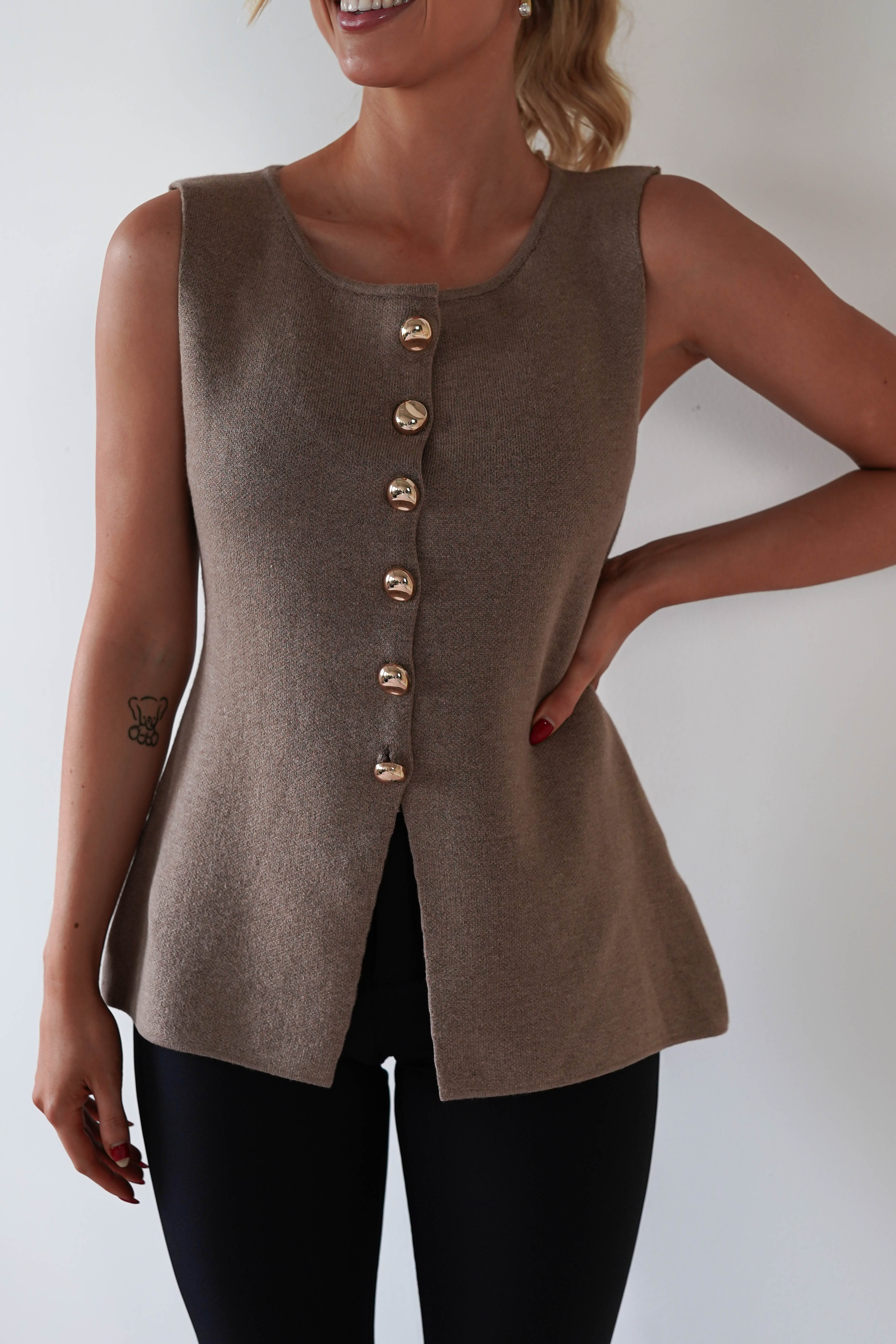 Louella Gold Button Waistcoat Top | Brown