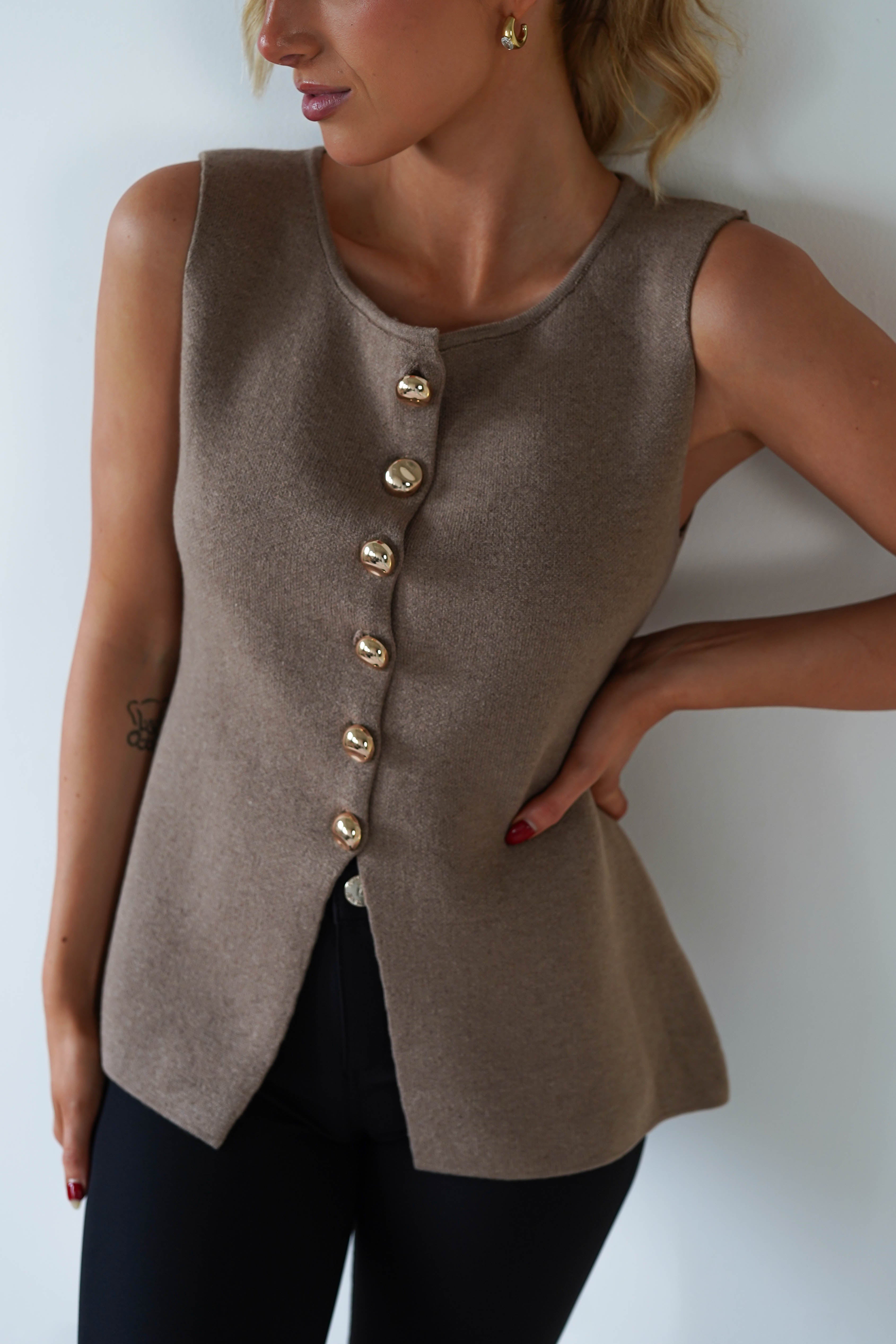 Louella Gold Button Waistcoat Top | Brown