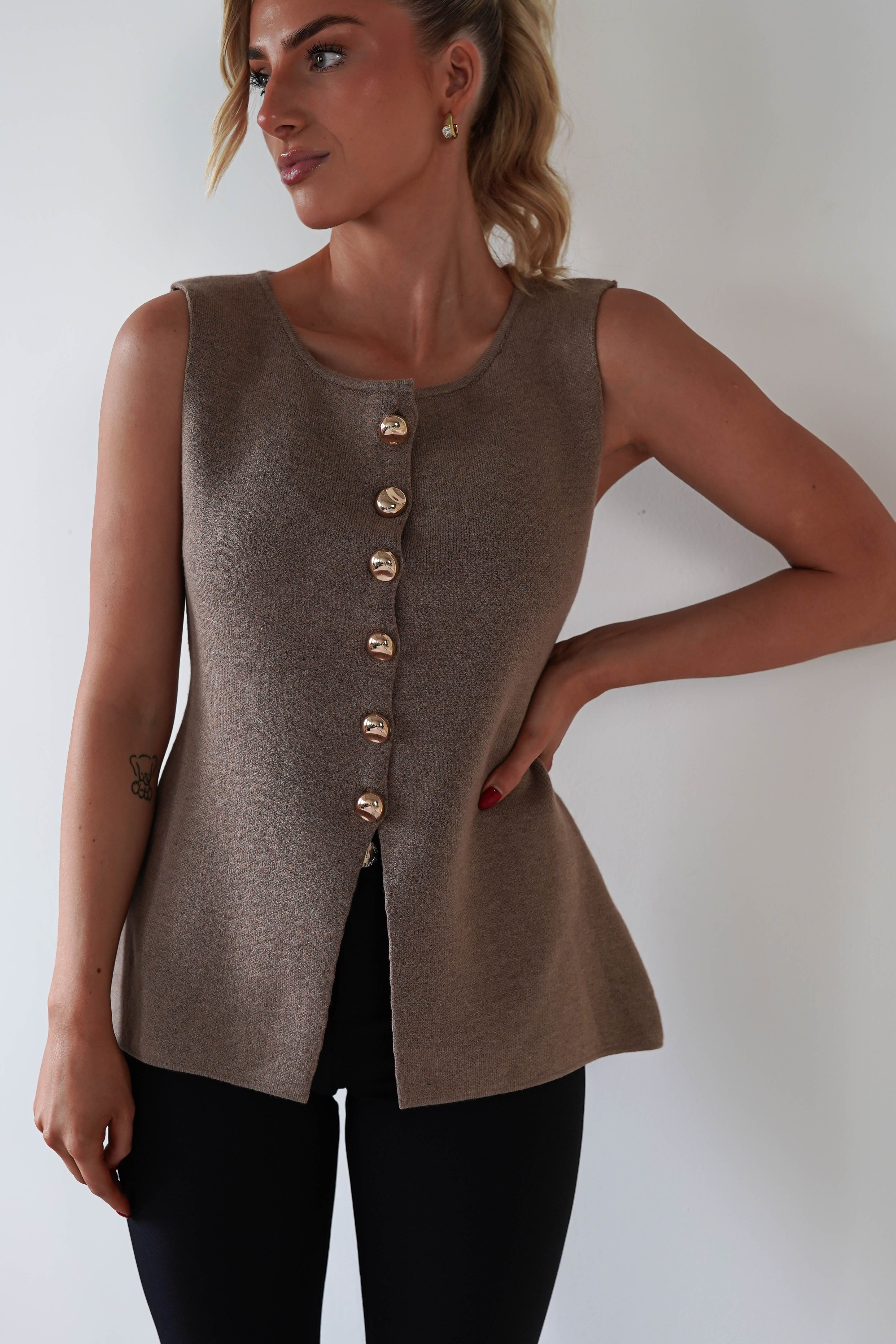 Louella Gold Button Waistcoat Top | Brown