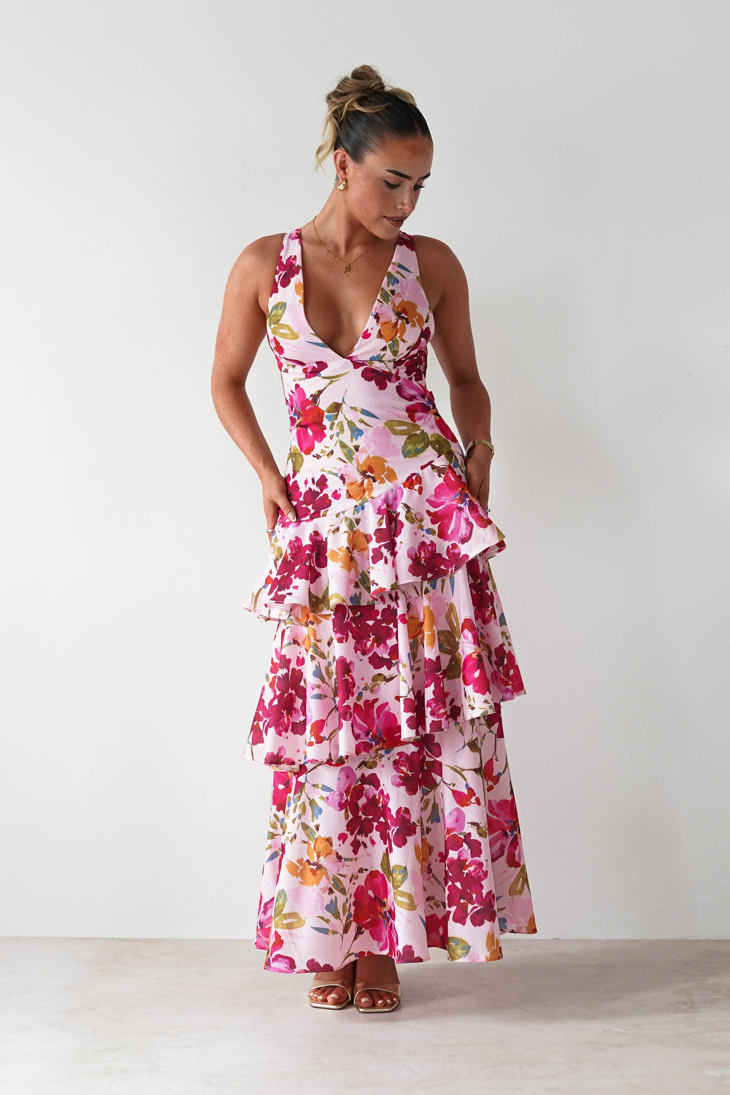 Katrina Floral Print Cotton Ruffle Maxi Dress | Pink | Oh Hello Clothing | XS (6)