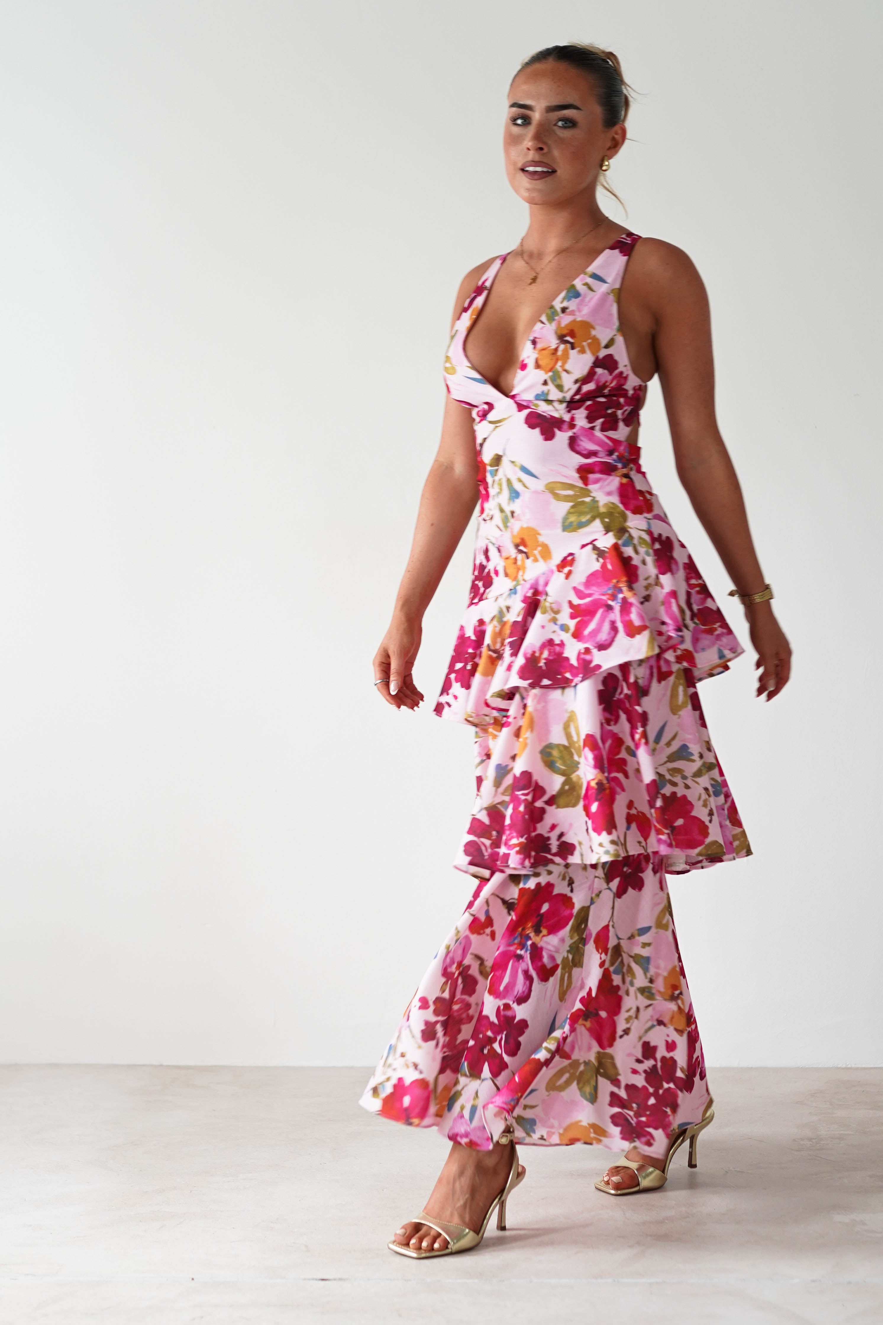 Katrina Floral Print Cotton Ruffle Maxi Dress | Pink | Oh Hello Clothing | XS (6)