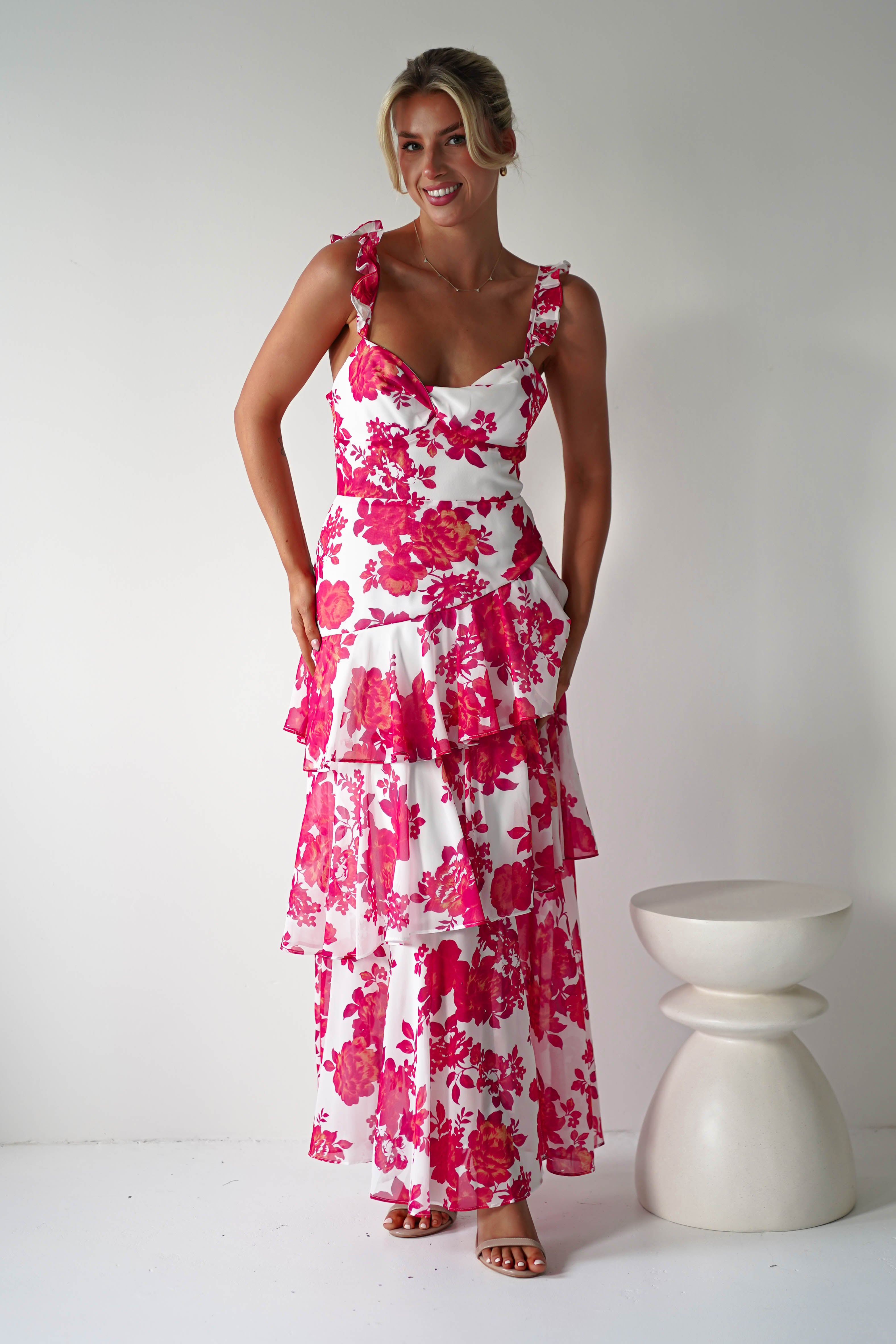 Madrid Ruffle Floral Maxi Dress | Red/White