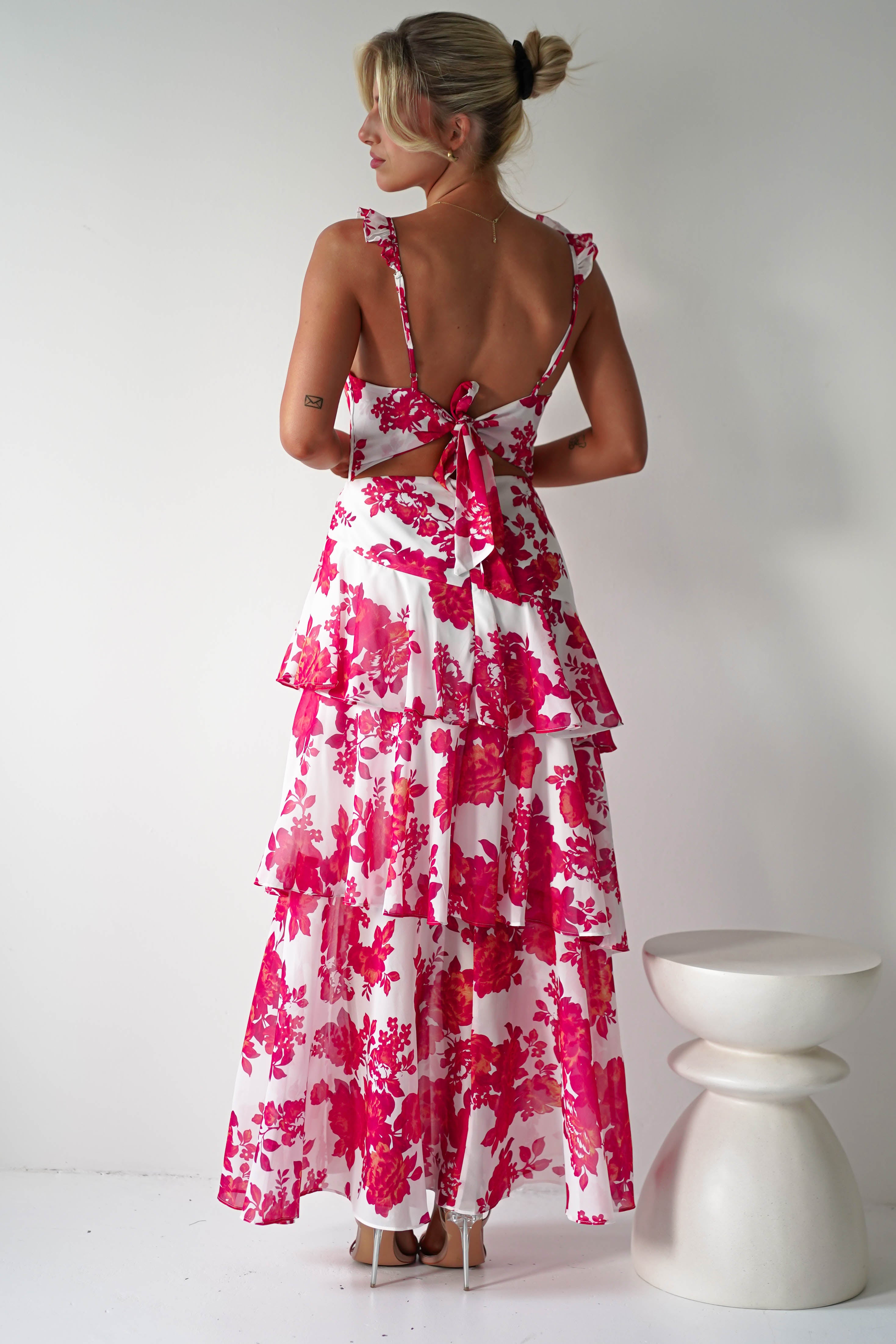 Madrid Ruffle Floral Maxi Dress | Red/White