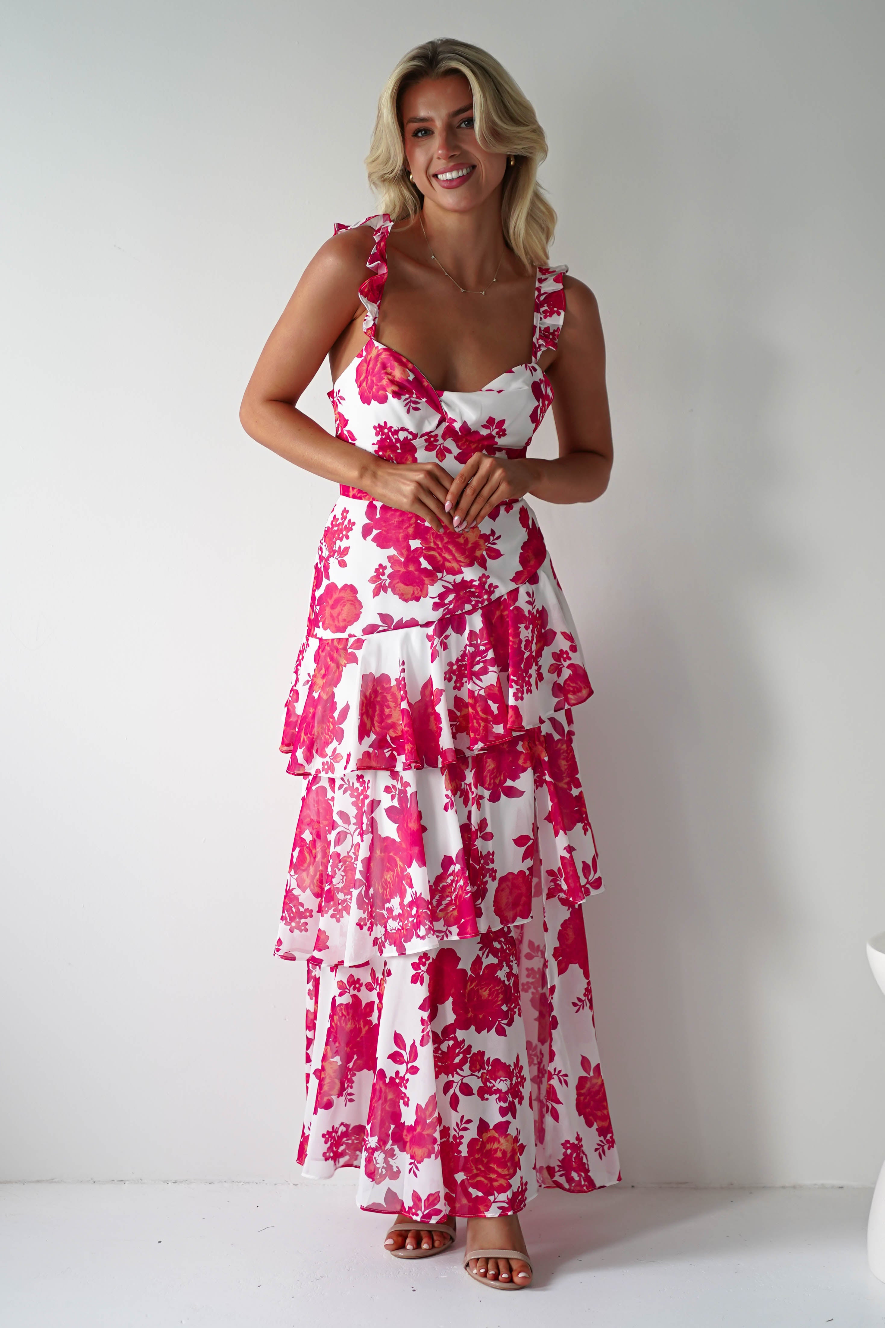 Madrid Ruffle Floral Maxi Dress | Red/White