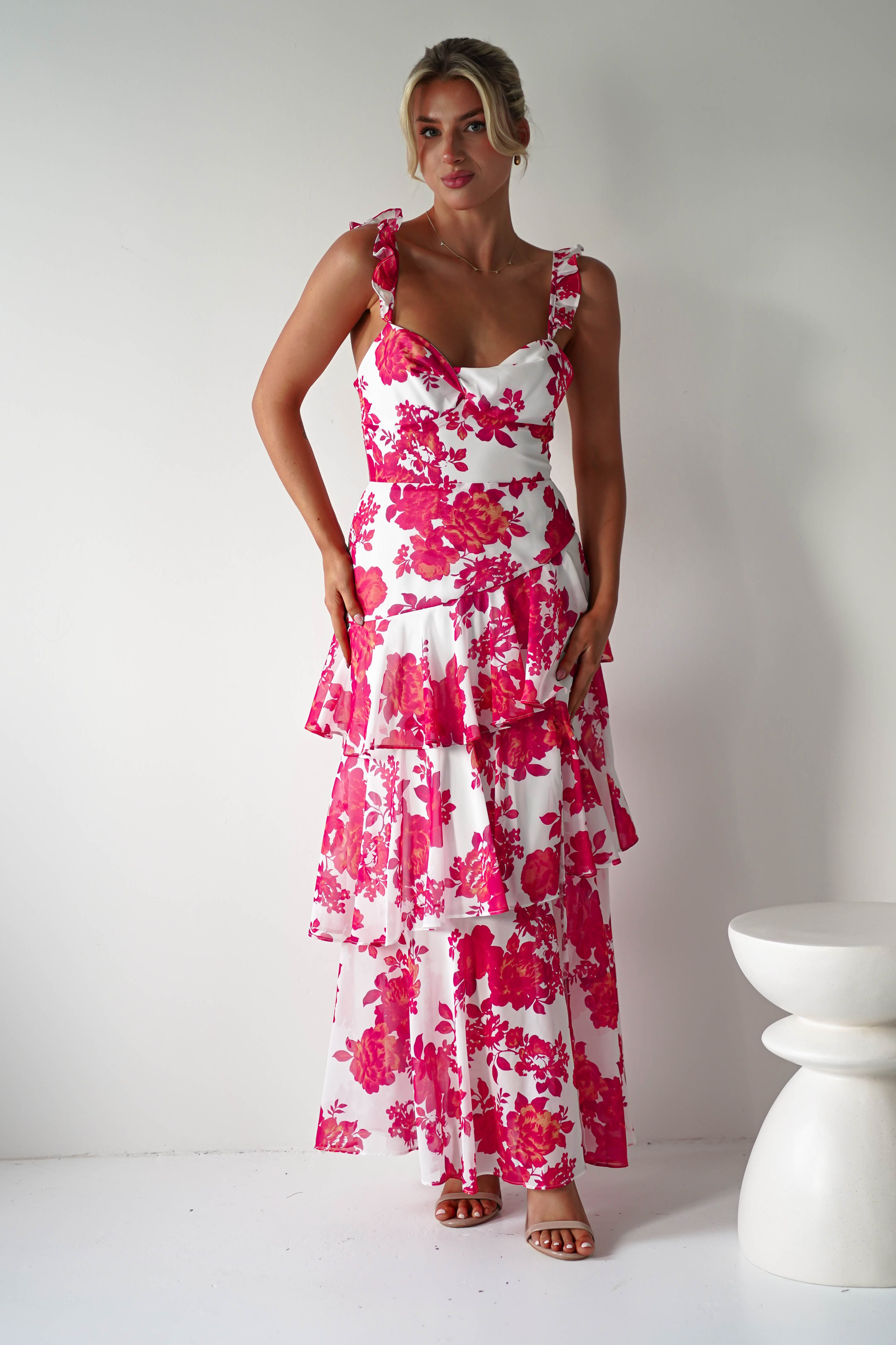 Madrid Ruffle Floral Maxi Dress | Red/White