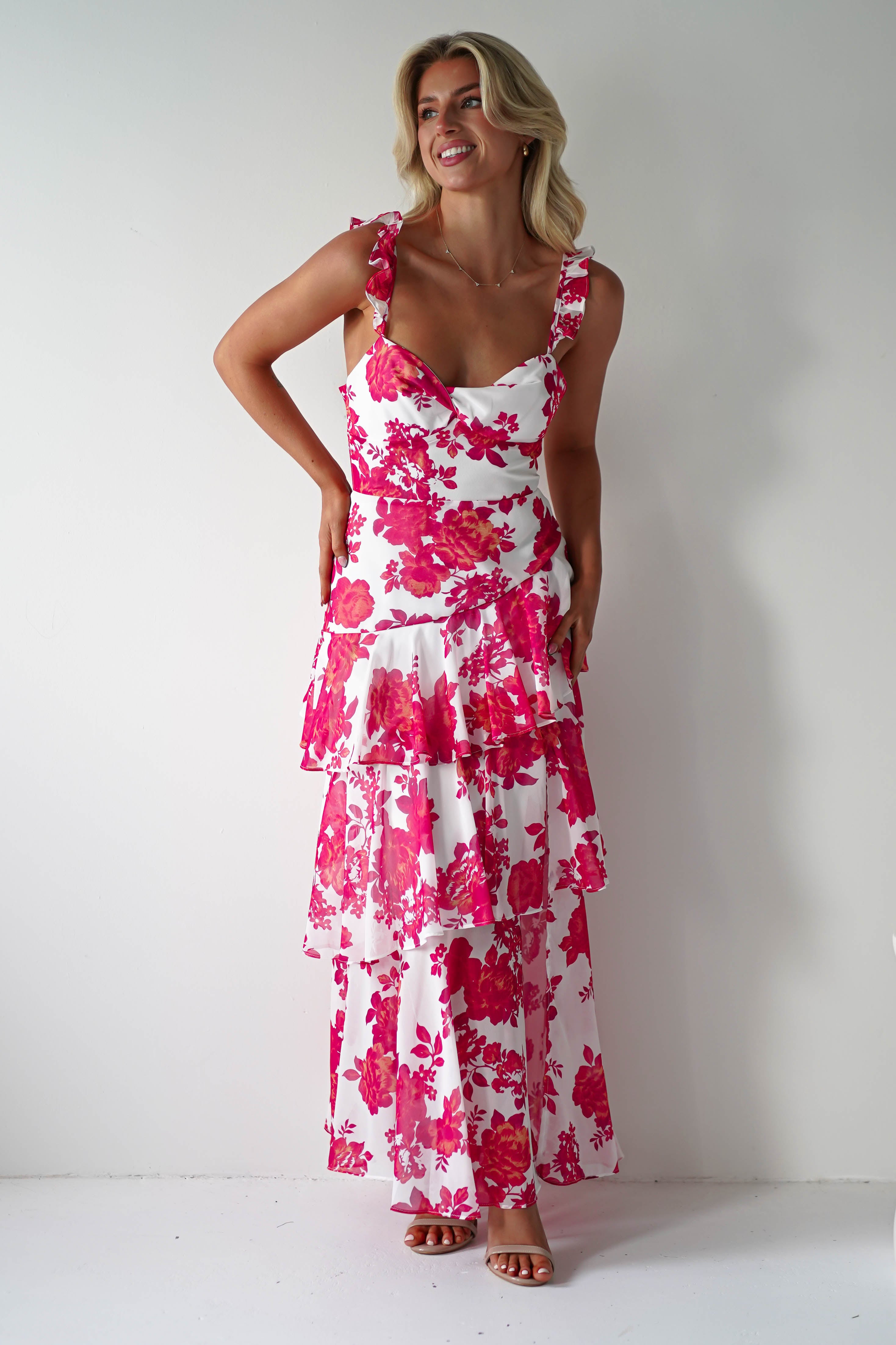 Madrid Ruffle Floral Maxi Dress | Red/White