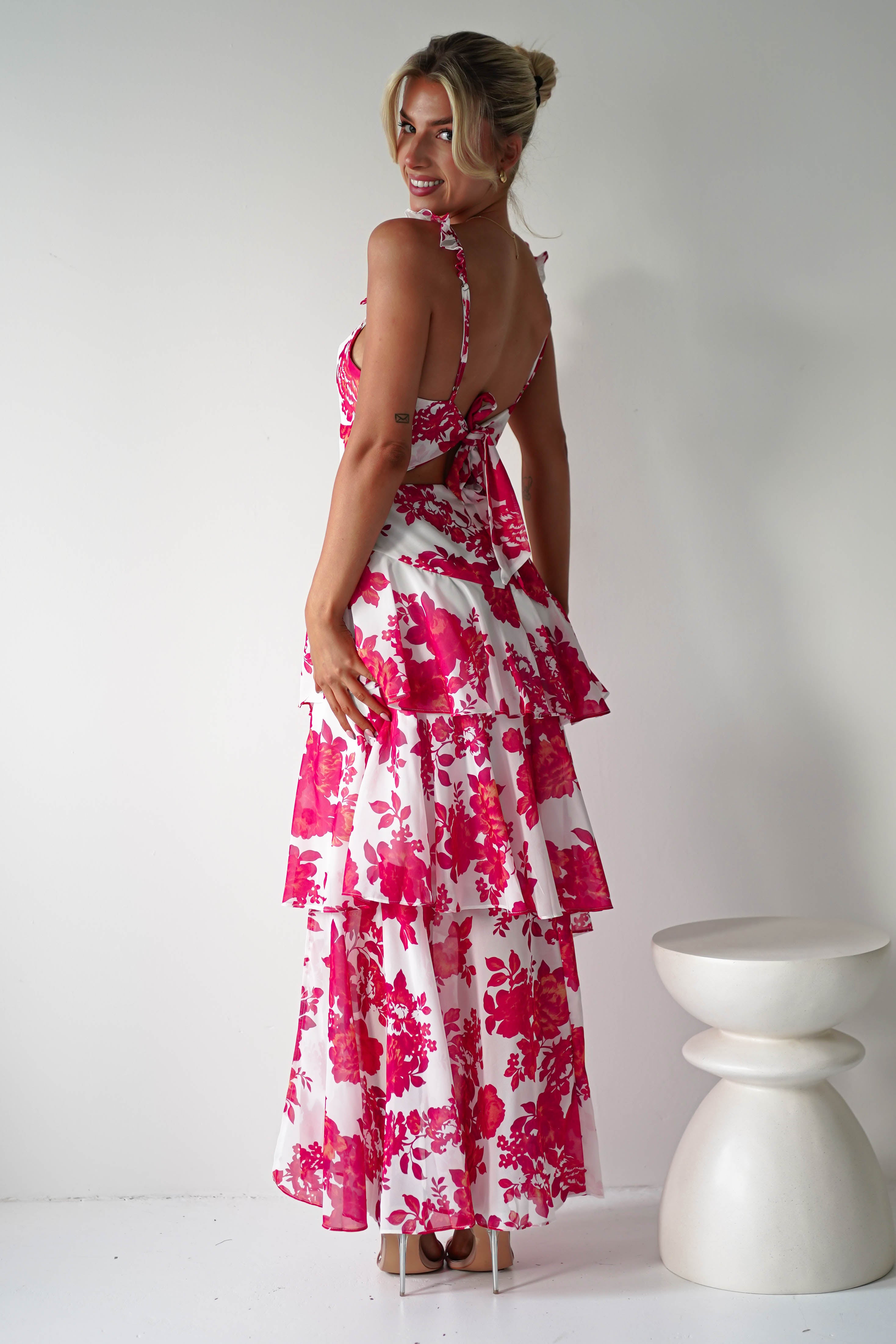 Madrid Ruffle Floral Maxi Dress | Red/White