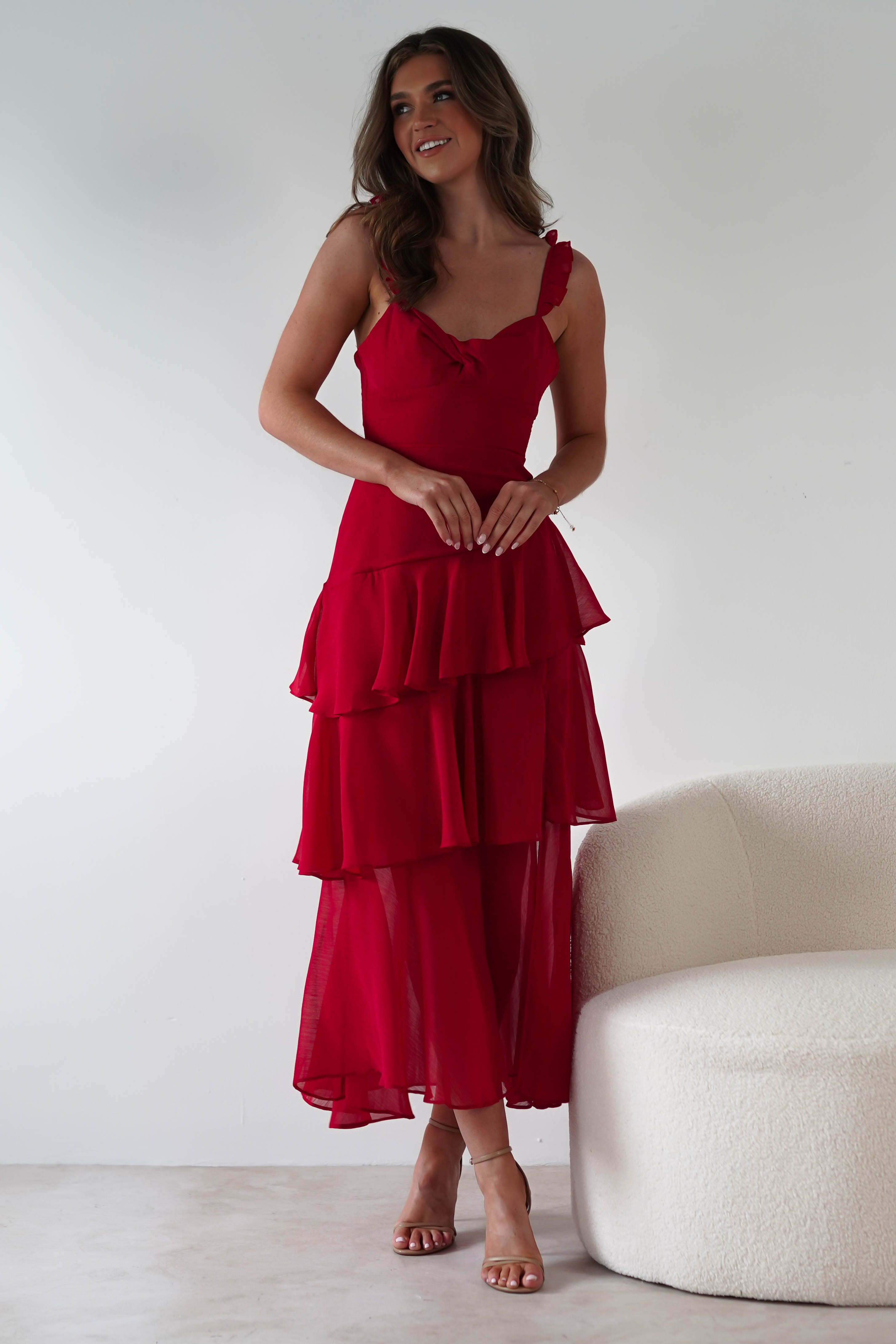 Victoria Ruffle Midaxi Dress | Red