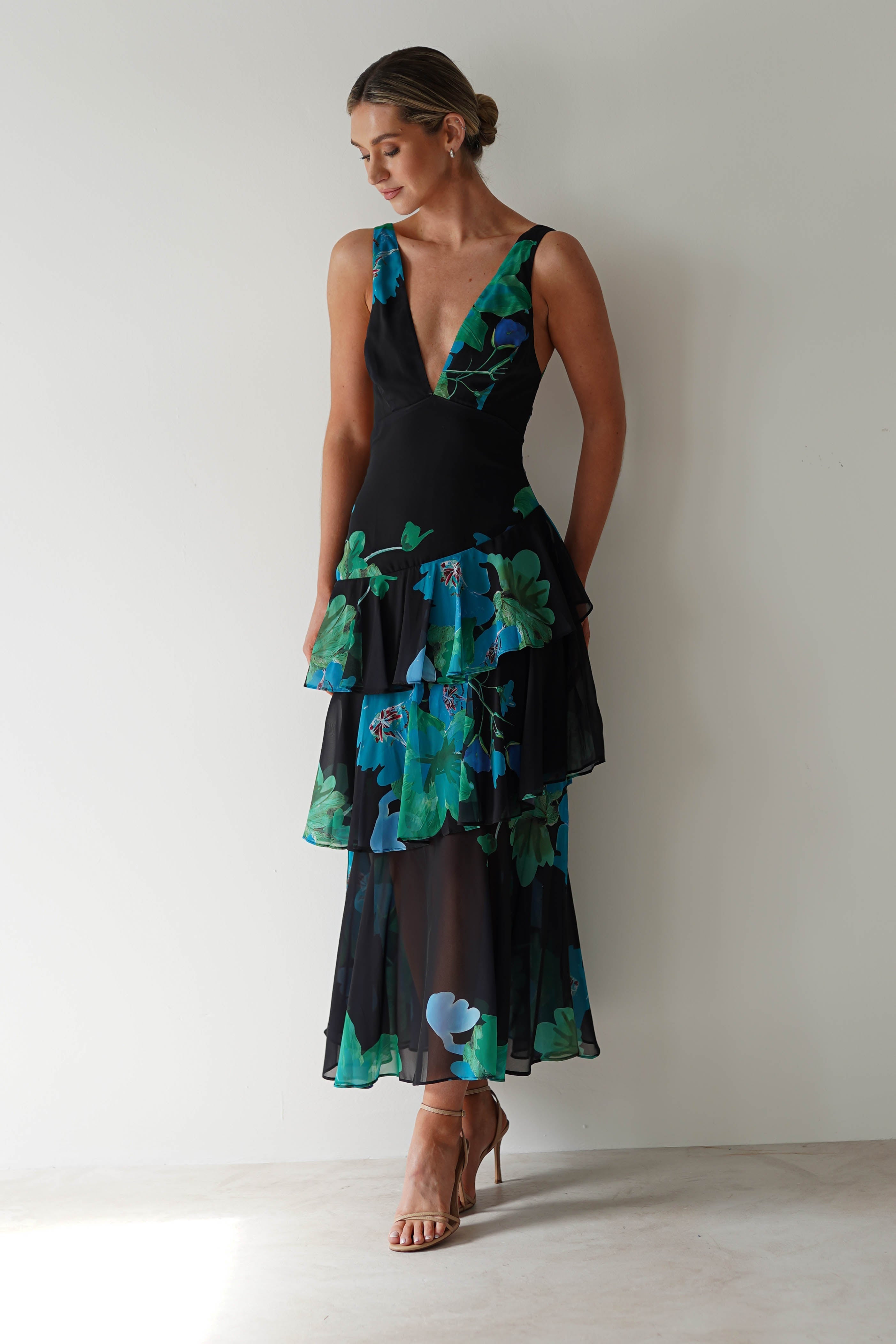 Lenora Floral Print Maxi Dress | Black Print