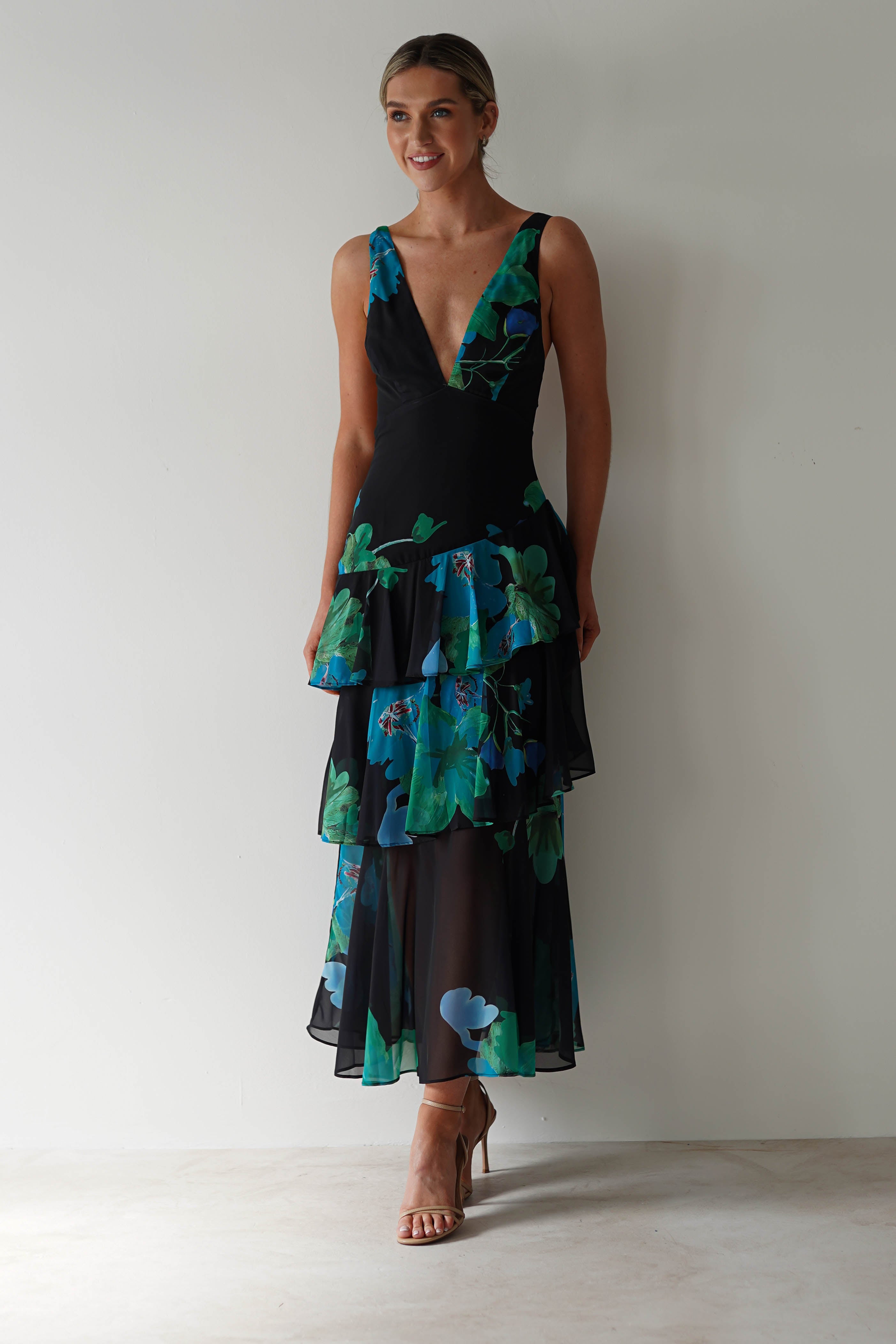 Lenora Floral Print Maxi Dress | Black Print