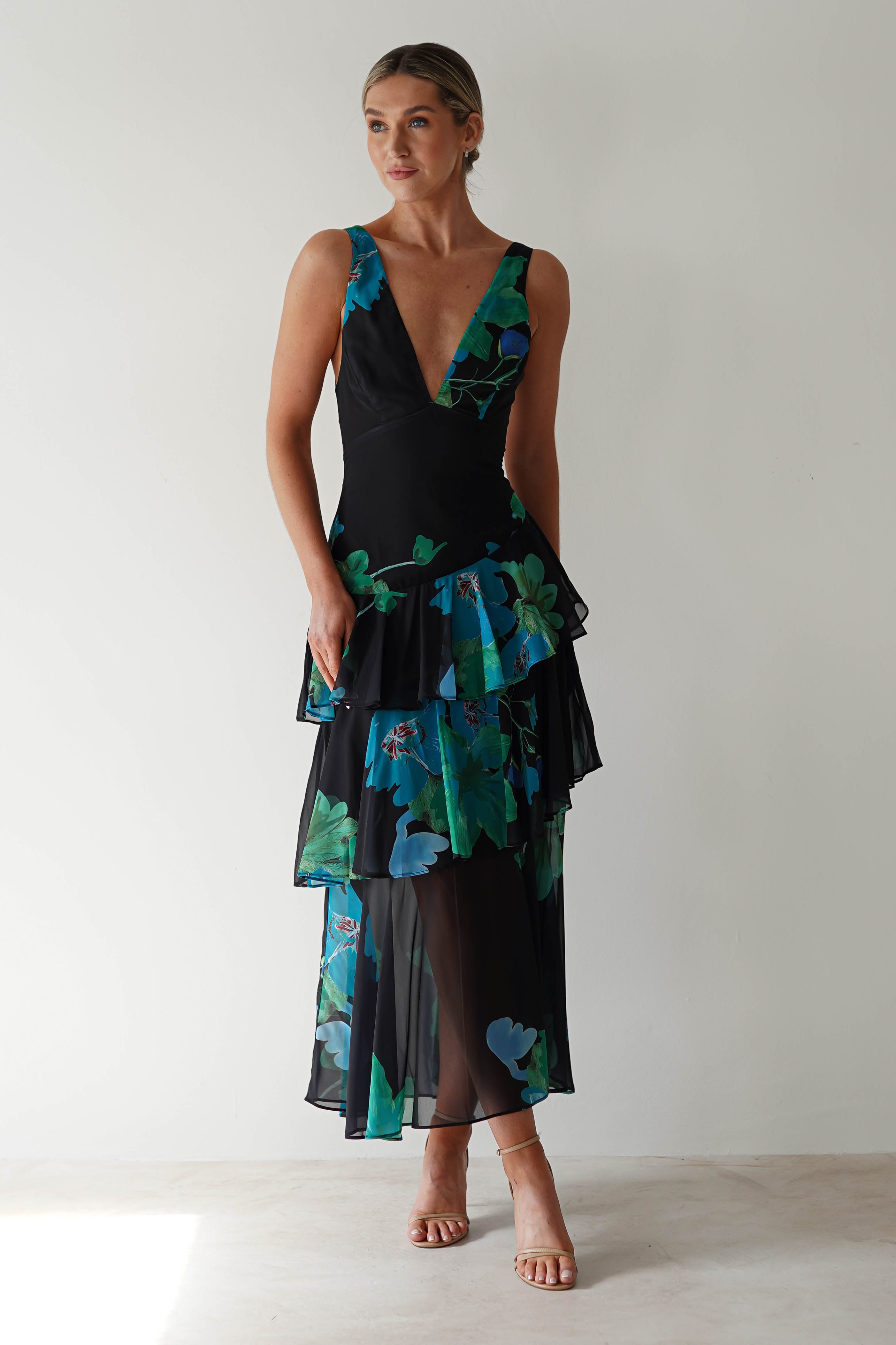 Lenora Floral Print Maxi Dress | Black Print