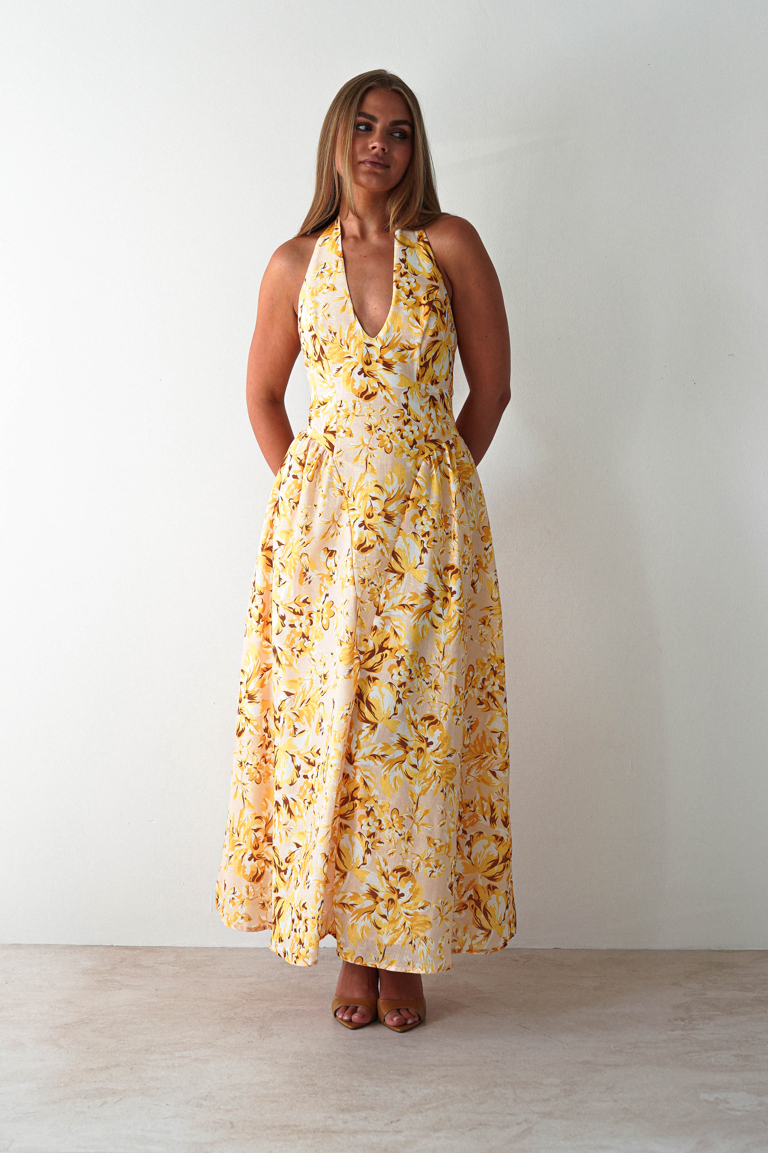 Mina Halterneck Floral Skater Maxi Dress | Yellow | Oh Hello Clothing | XS (6)