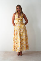 Mina Halterneck Floral Skater Maxi Dress Yellow | Wedding Guest Dress | Halter Neck | Maxi | Oh Hello Clothing