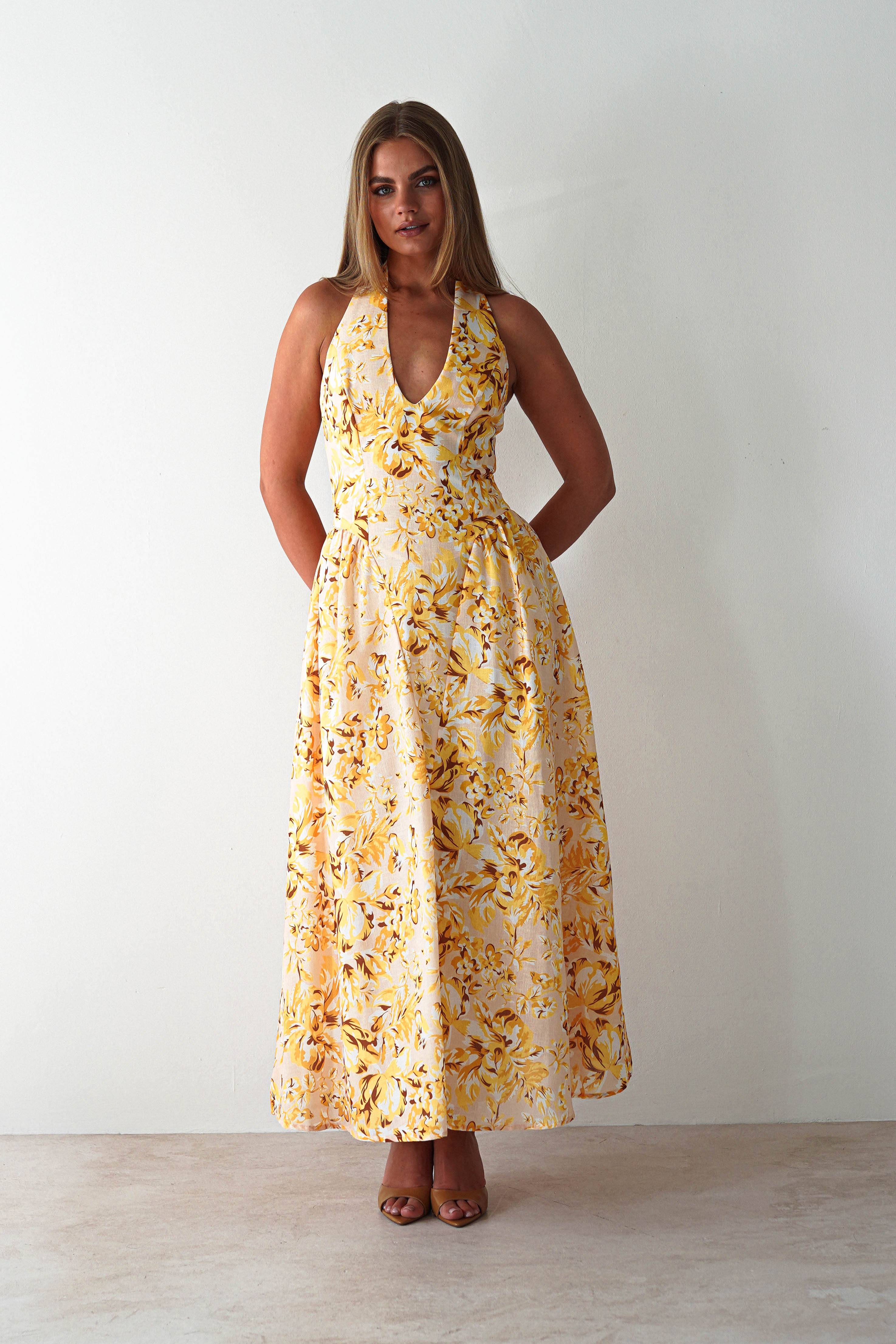 Mina Halterneck Floral Skater Maxi Dress | Yellow | Oh Hello Clothing | XS (6)