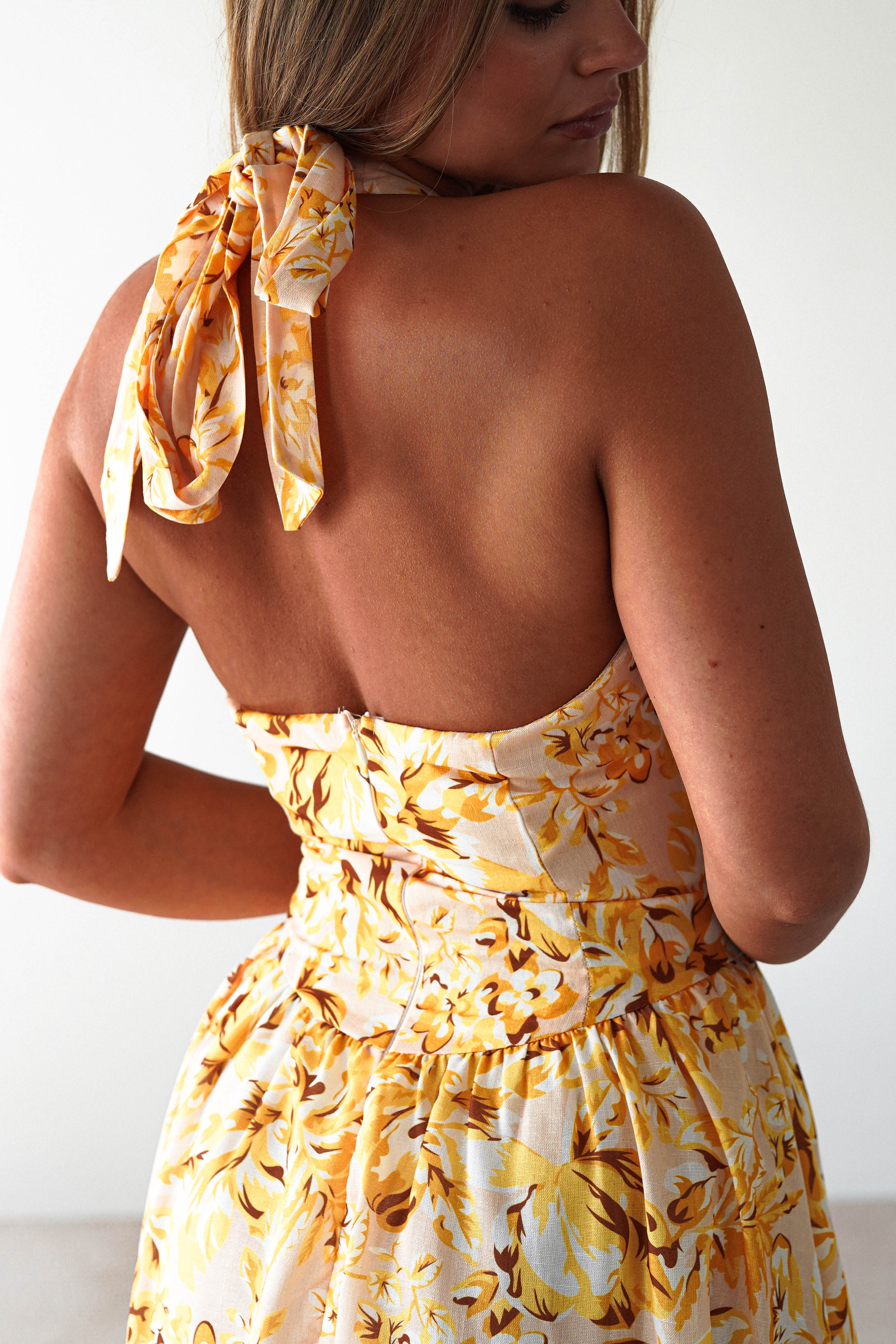 Mina Halterneck Floral Skater Maxi Dress | Yellow | Oh Hello Clothing | XS (6)