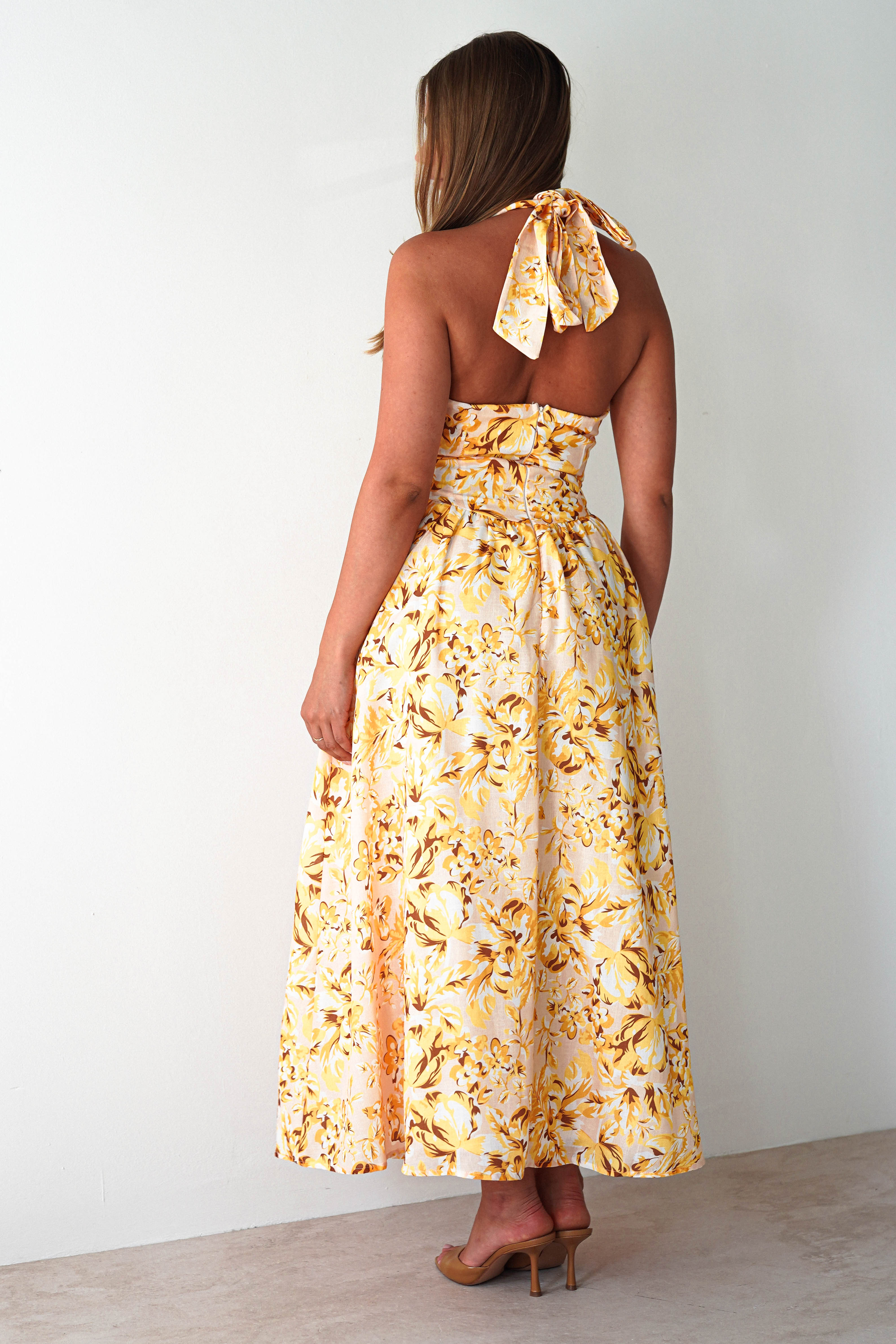 Mina Halterneck Floral Skater Maxi Dress | Yellow | Oh Hello Clothing | XS (6)
