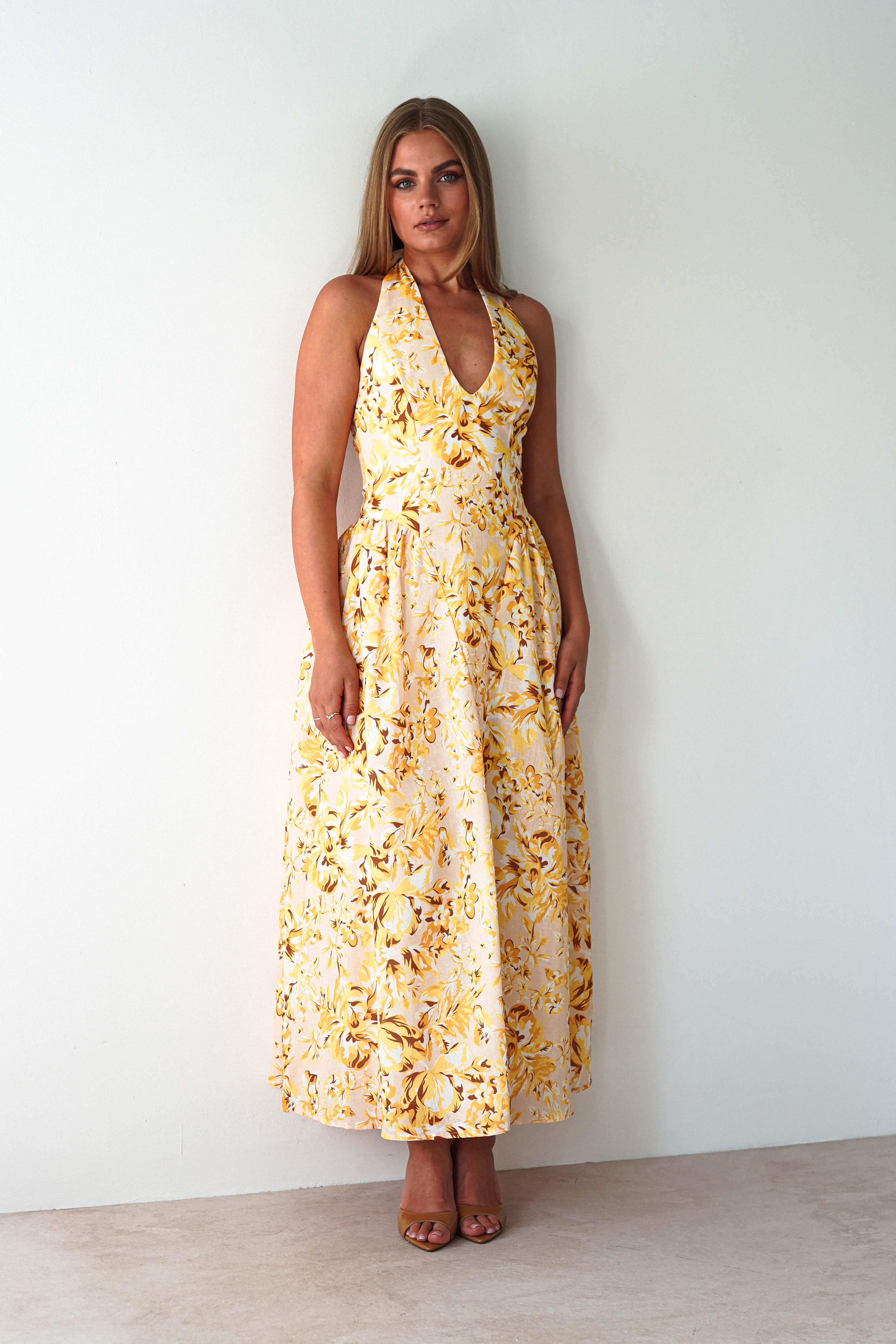 Mina Halterneck Floral Skater Maxi Dress | Yellow | Oh Hello Clothing | XS (6)