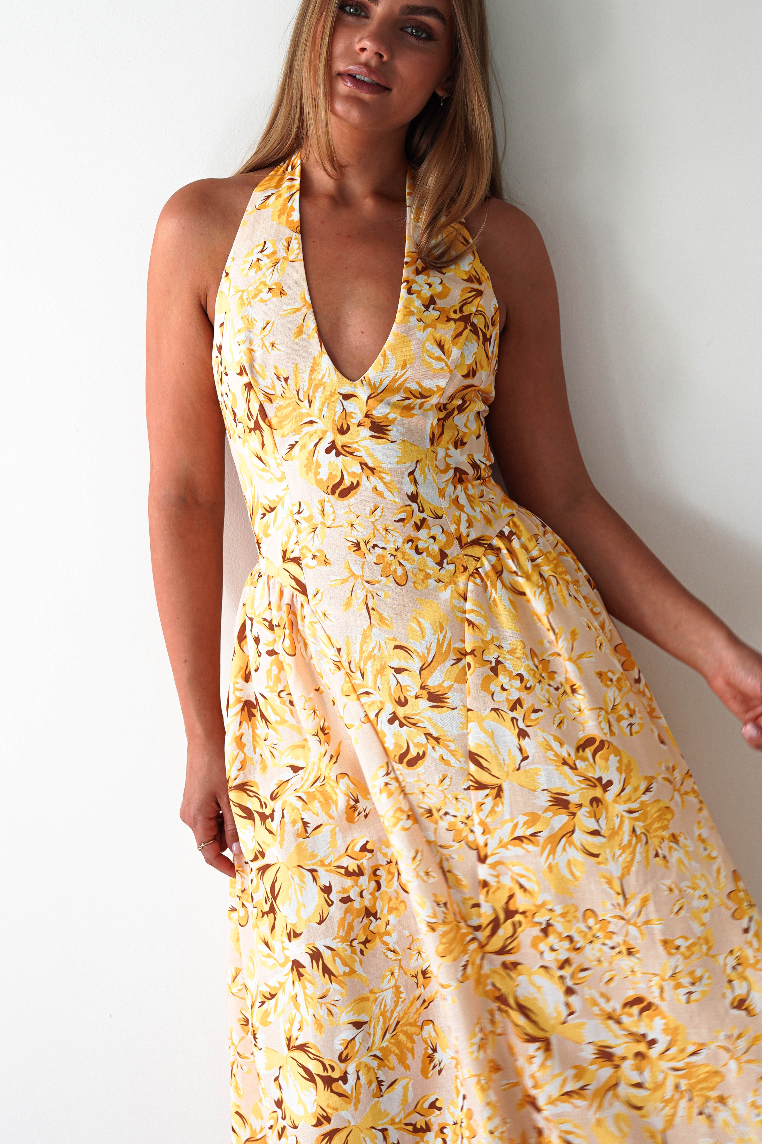 Mina Halterneck Floral Skater Maxi Dress | Yellow | Oh Hello Clothing | XS (6)