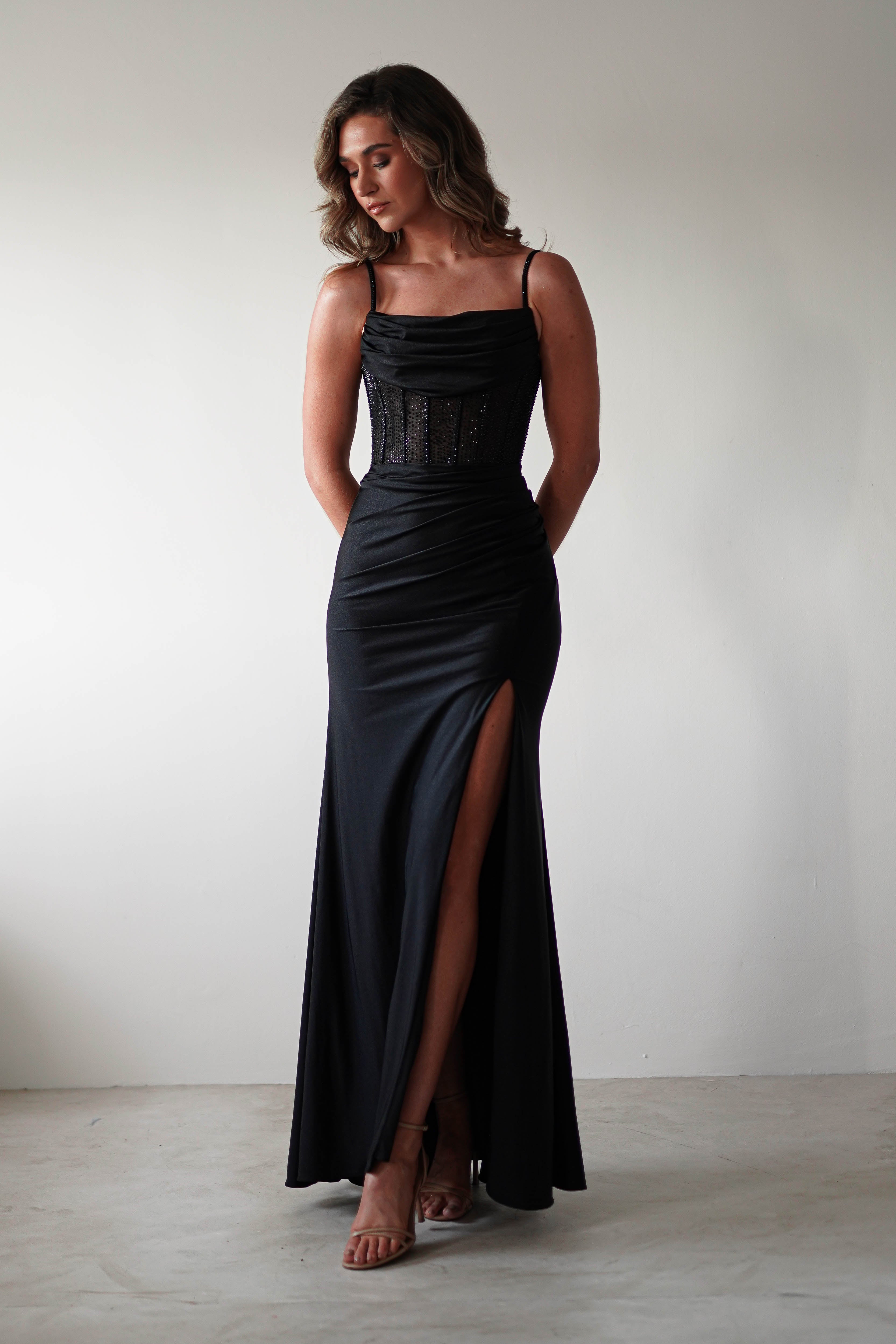 Stefani Rhinestone Bodice Gown | Black