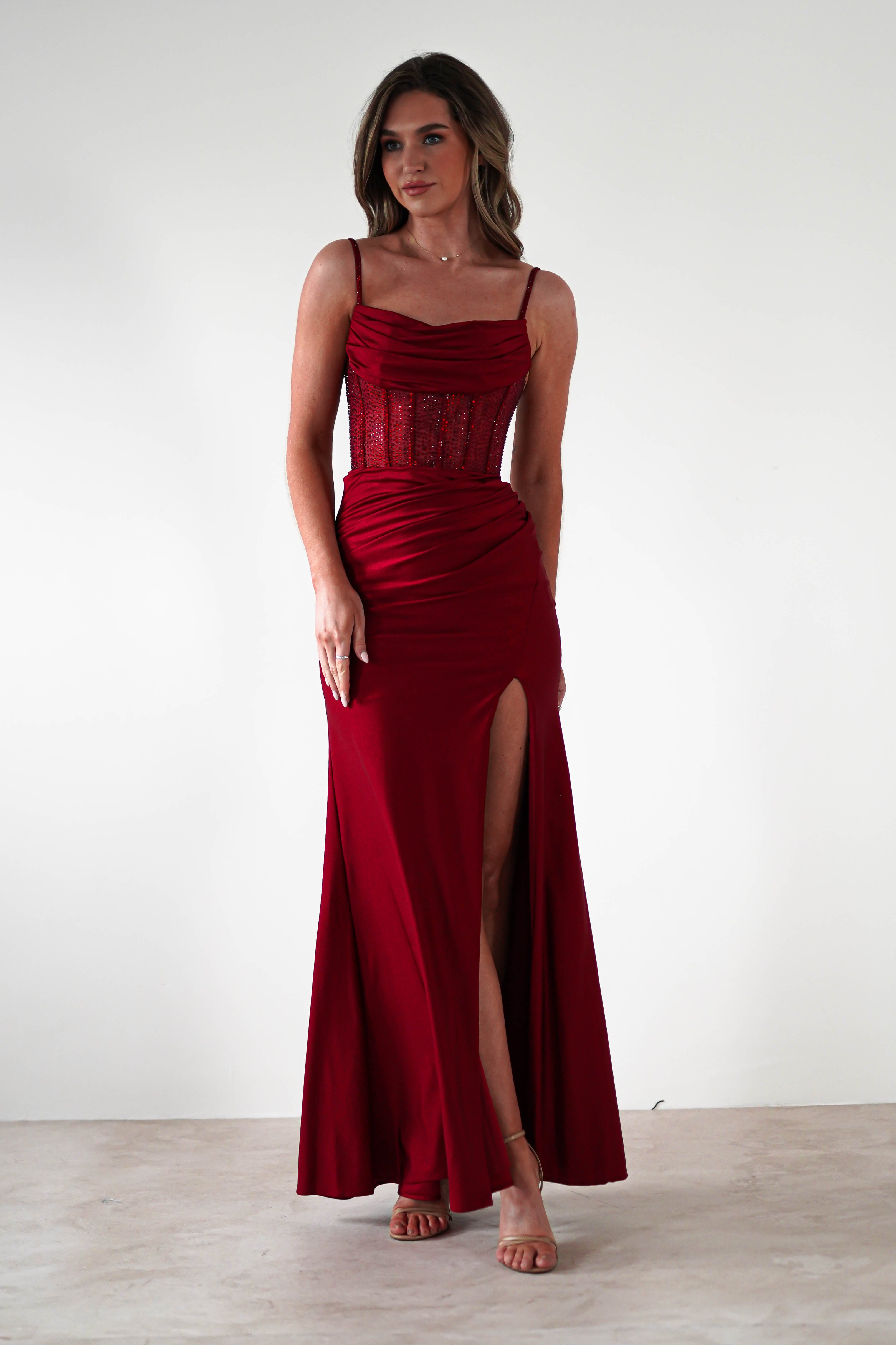 Stefani Rhinestone Bodice Gown | Burgundy