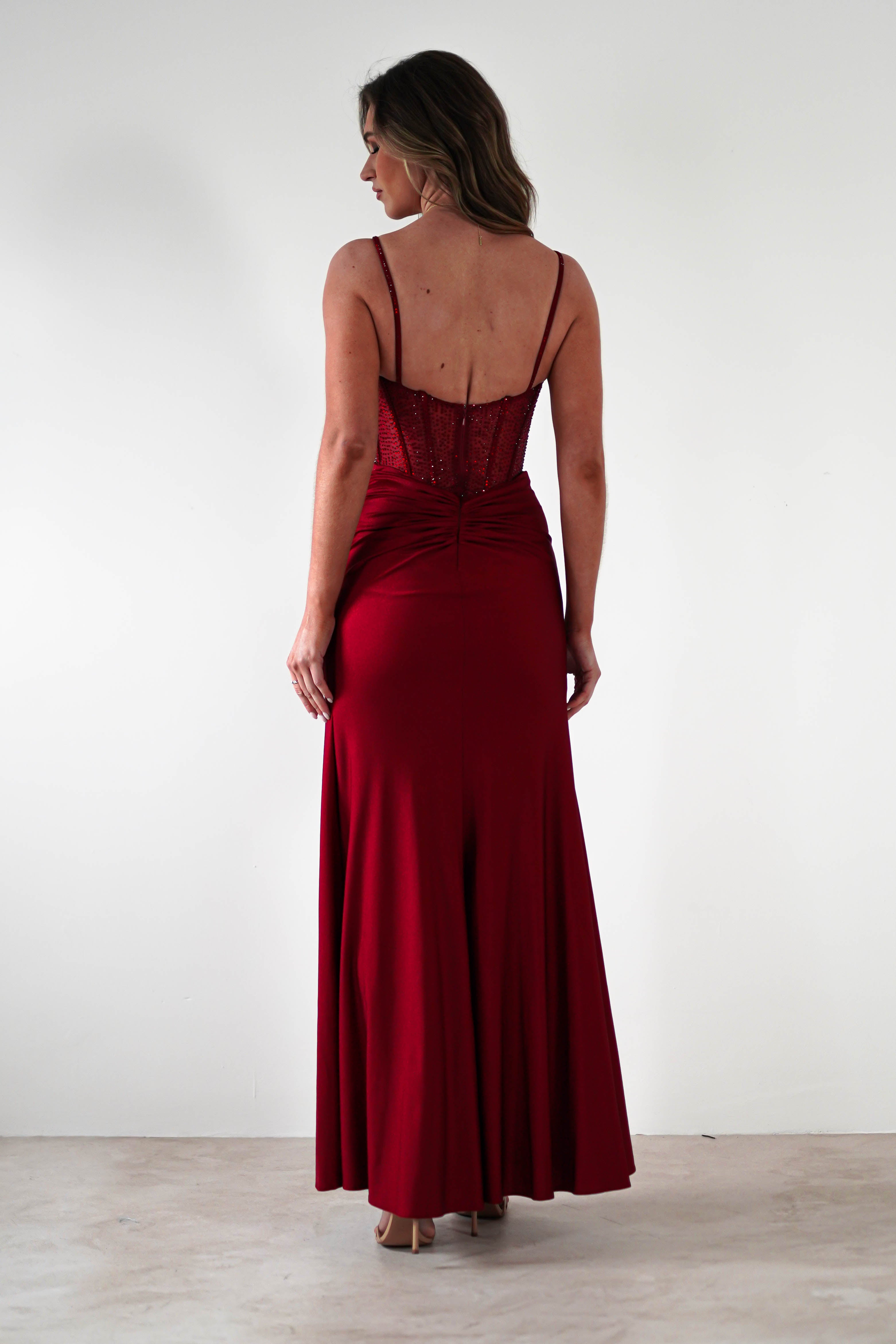 Stefani Rhinestone Bodice Gown | Burgundy