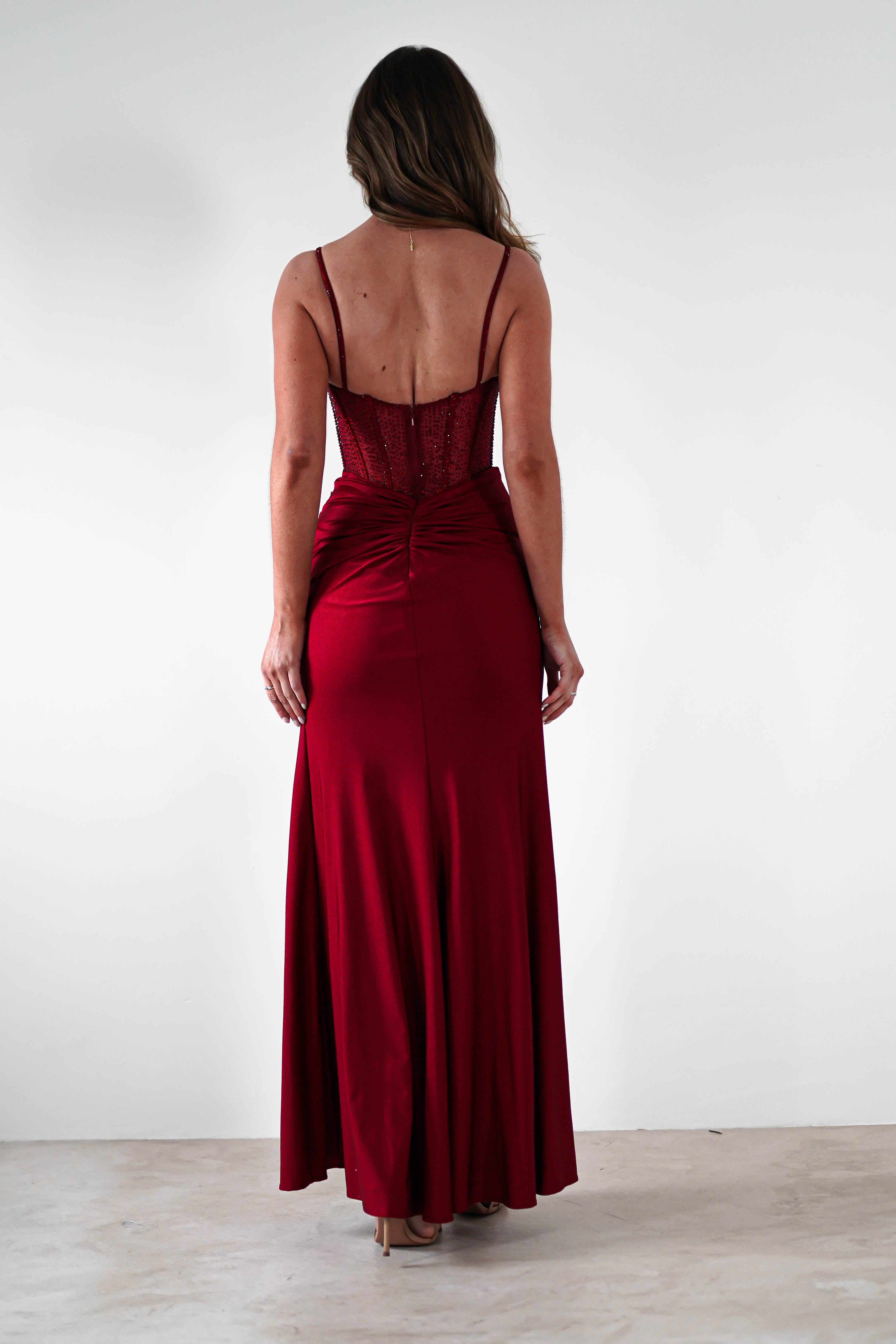 Stefani Rhinestone Bodice Gown | Burgundy