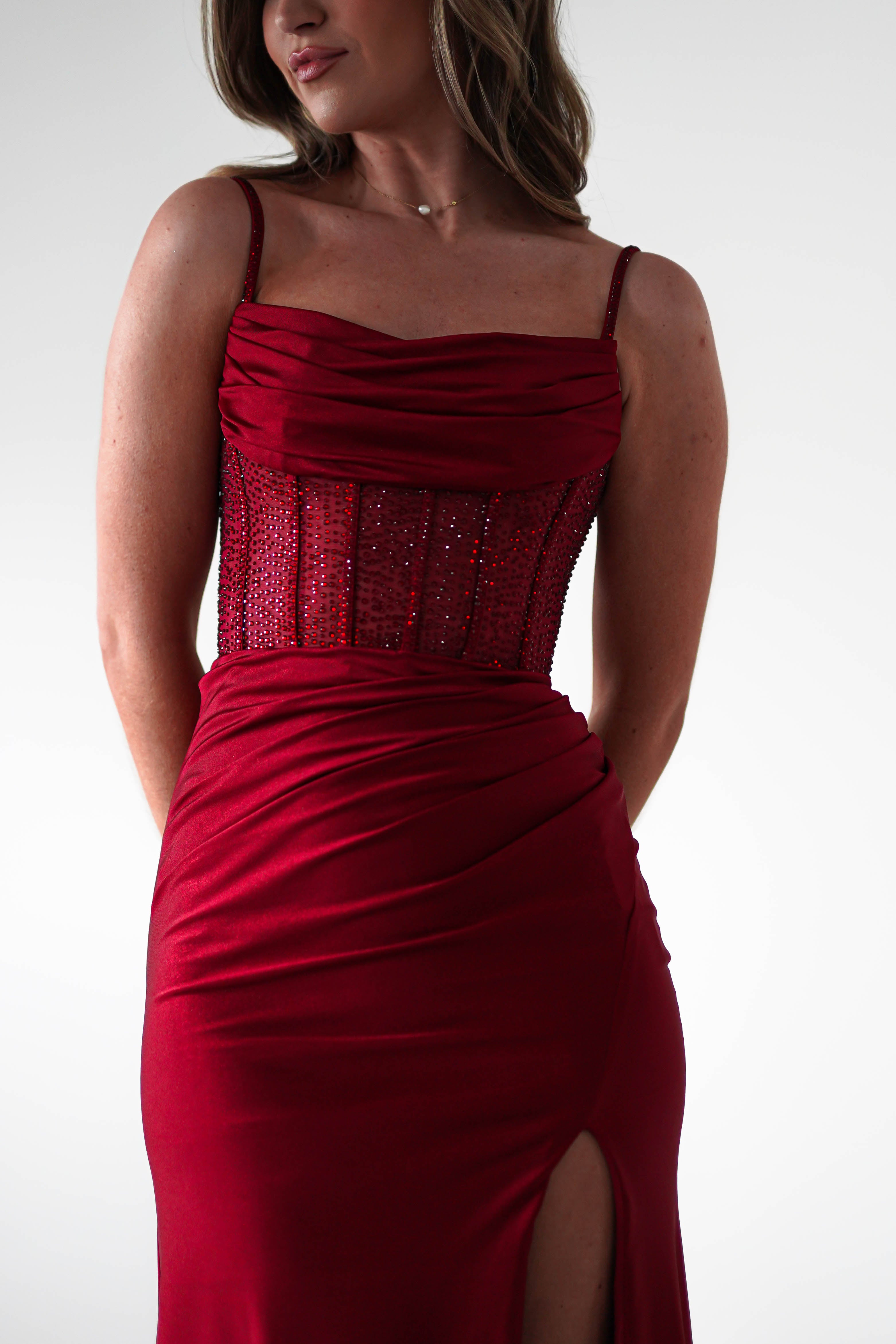 Stefani Rhinestone Bodice Gown | Burgundy