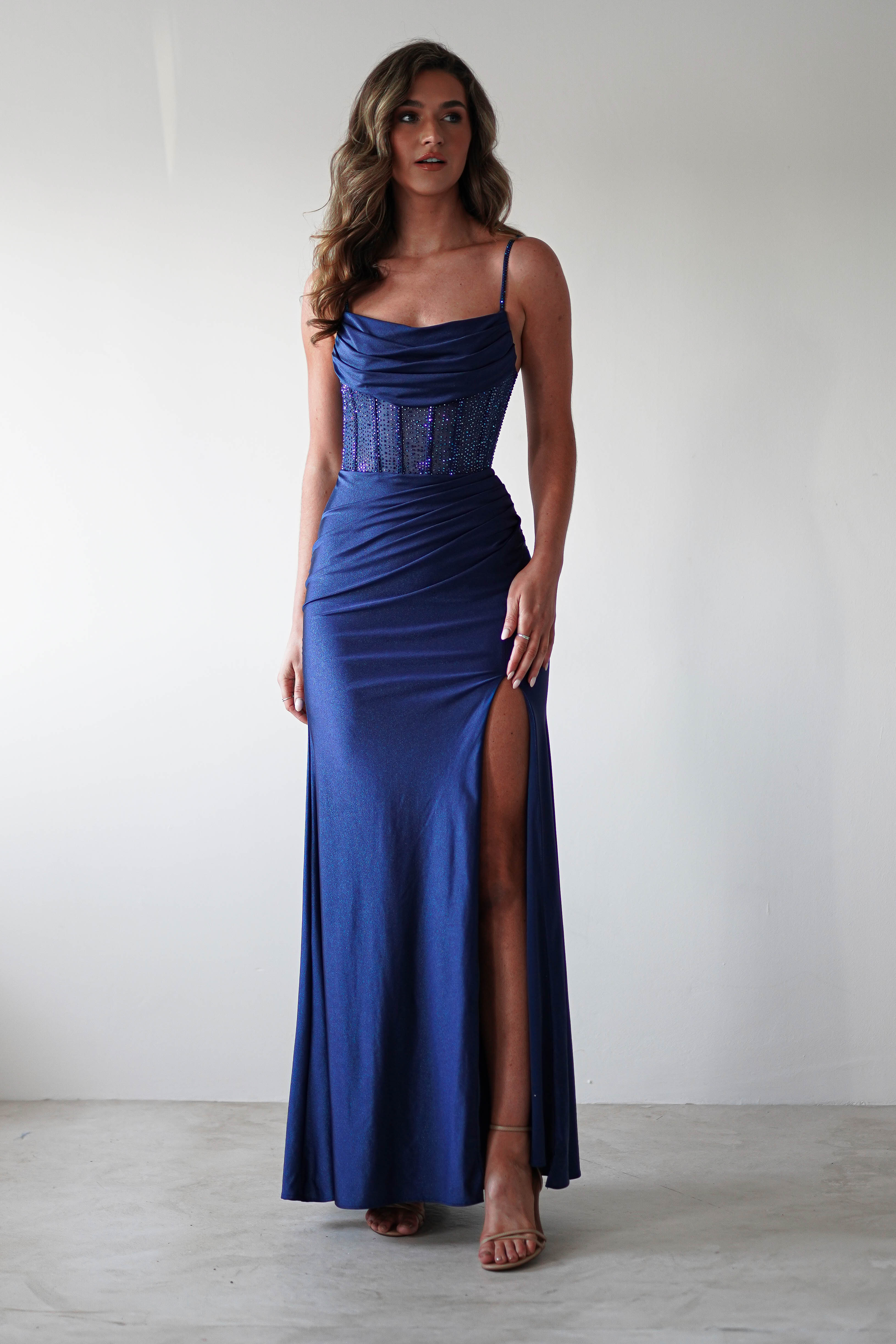 Stefani Rhinestone Bodice Gown | Navy