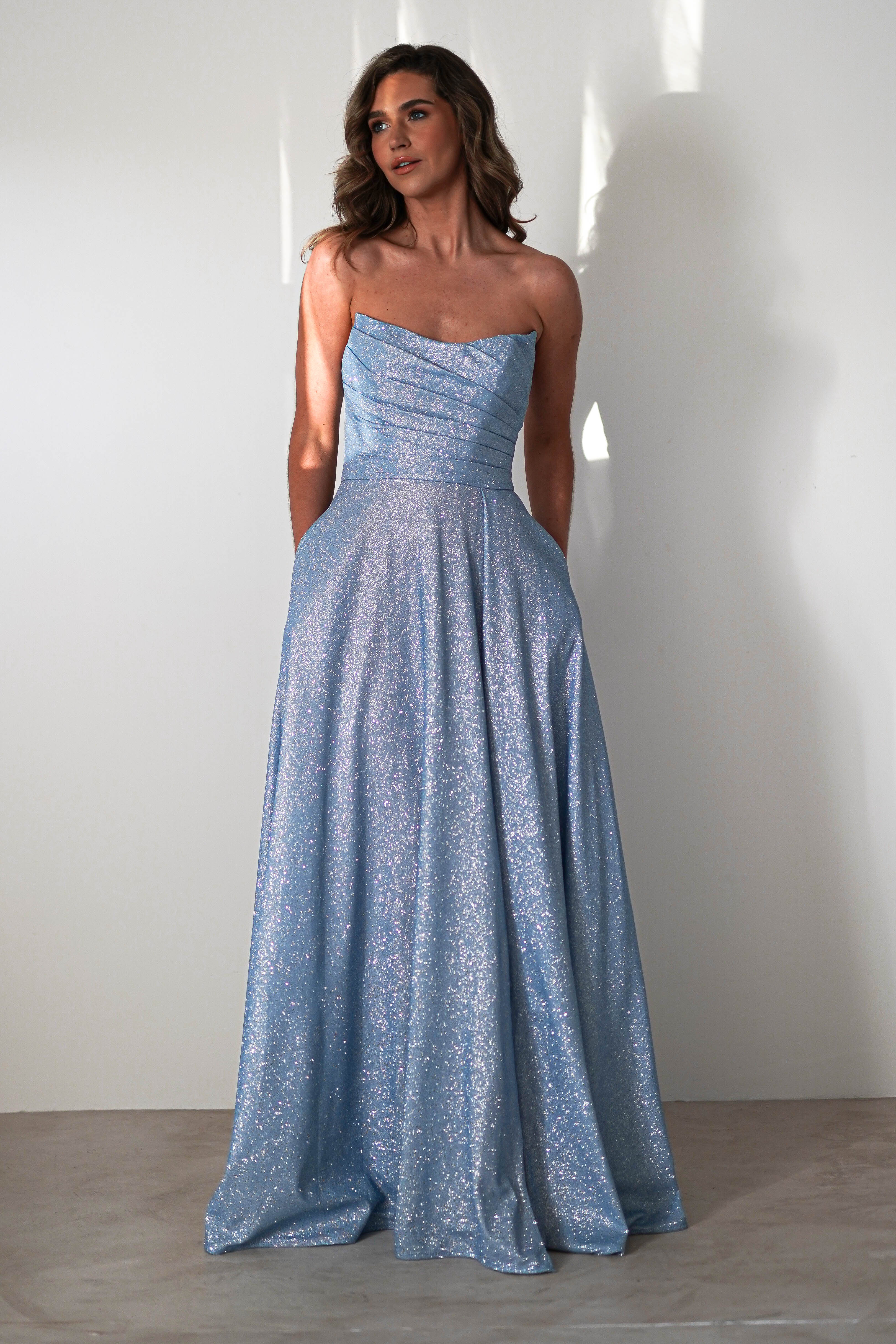 Cassia Strapless Glitter Aline Gown | Blue