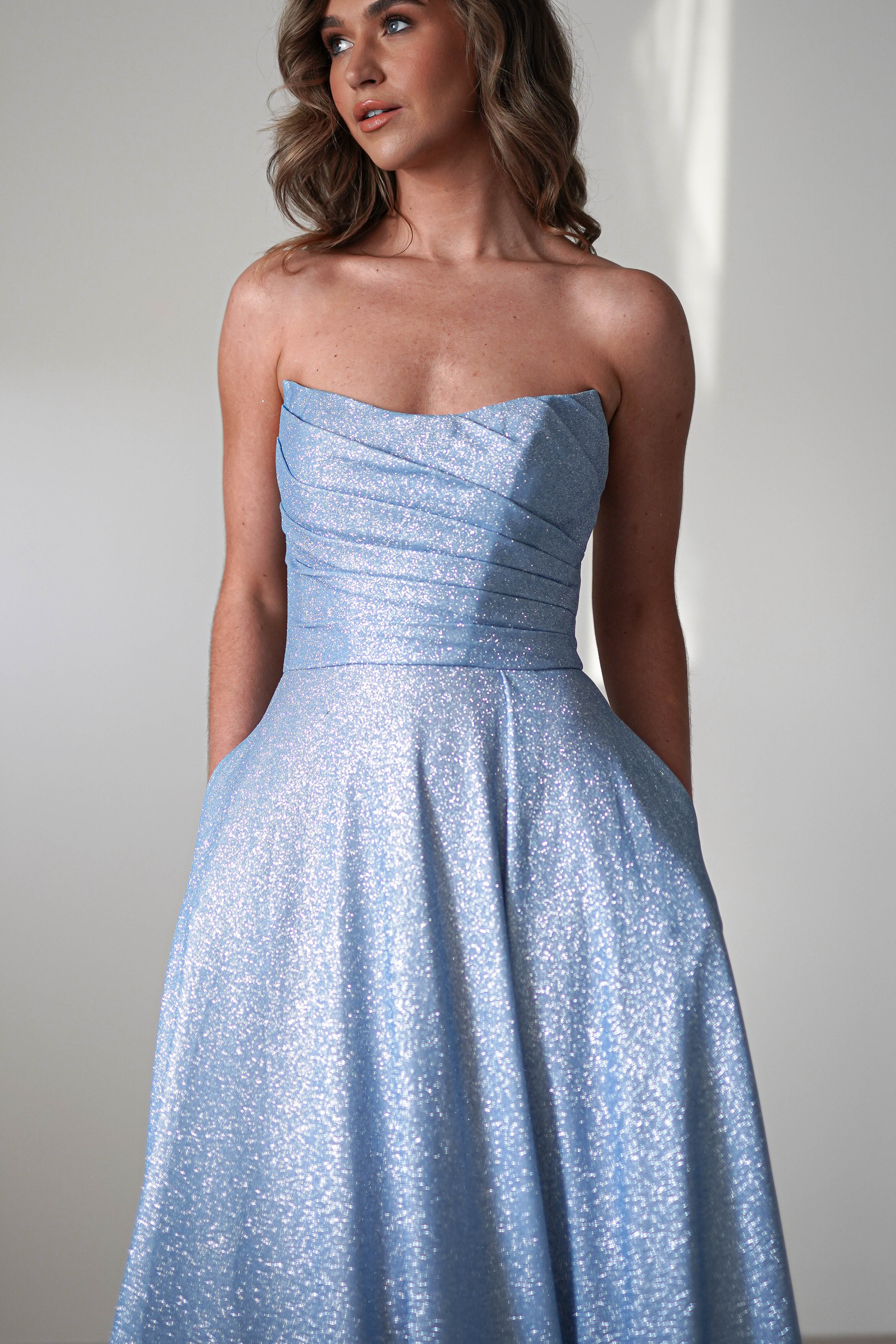 Cassia Strapless Glitter Aline Gown | Blue