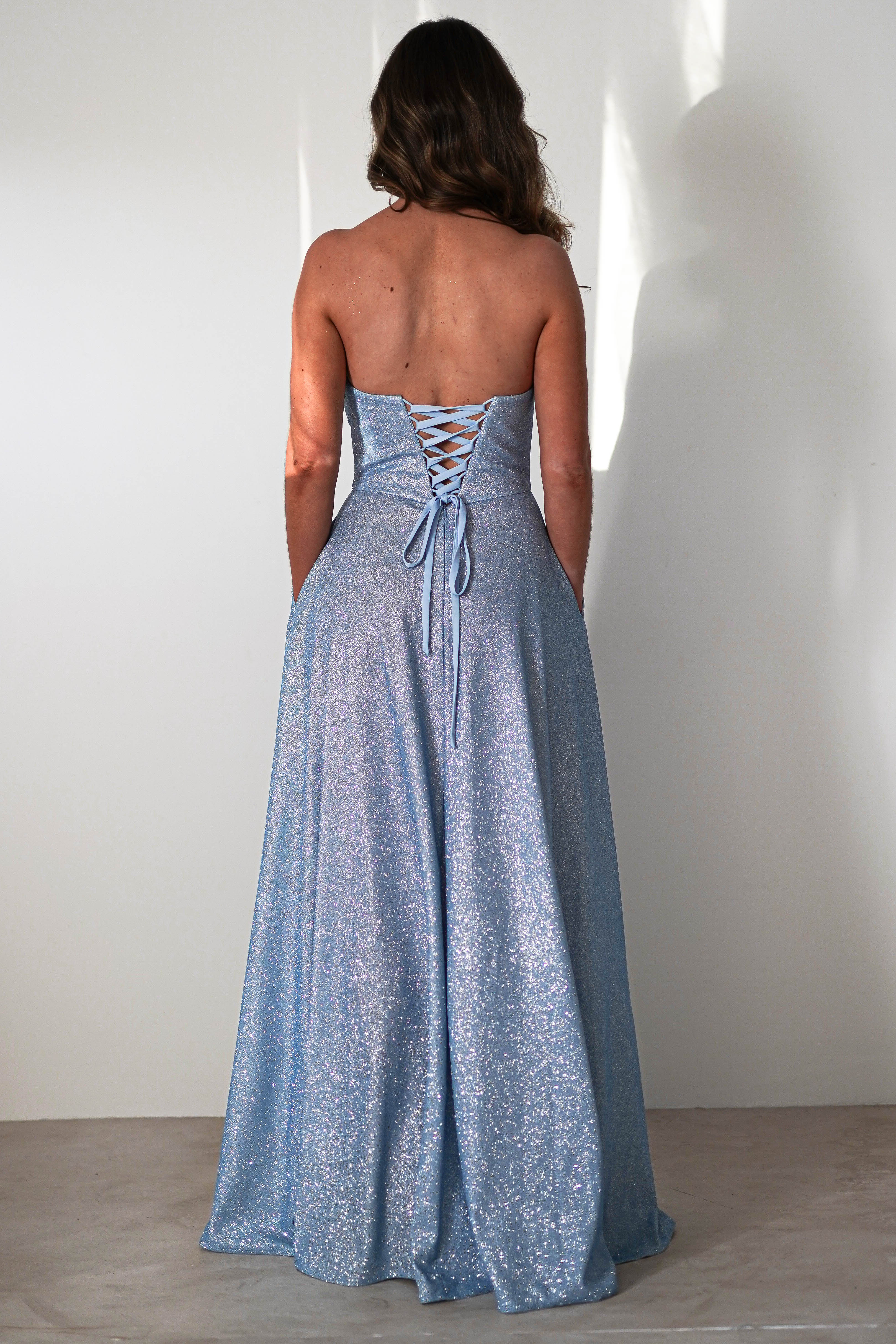 Cassia Strapless Glitter Aline Gown | Blue