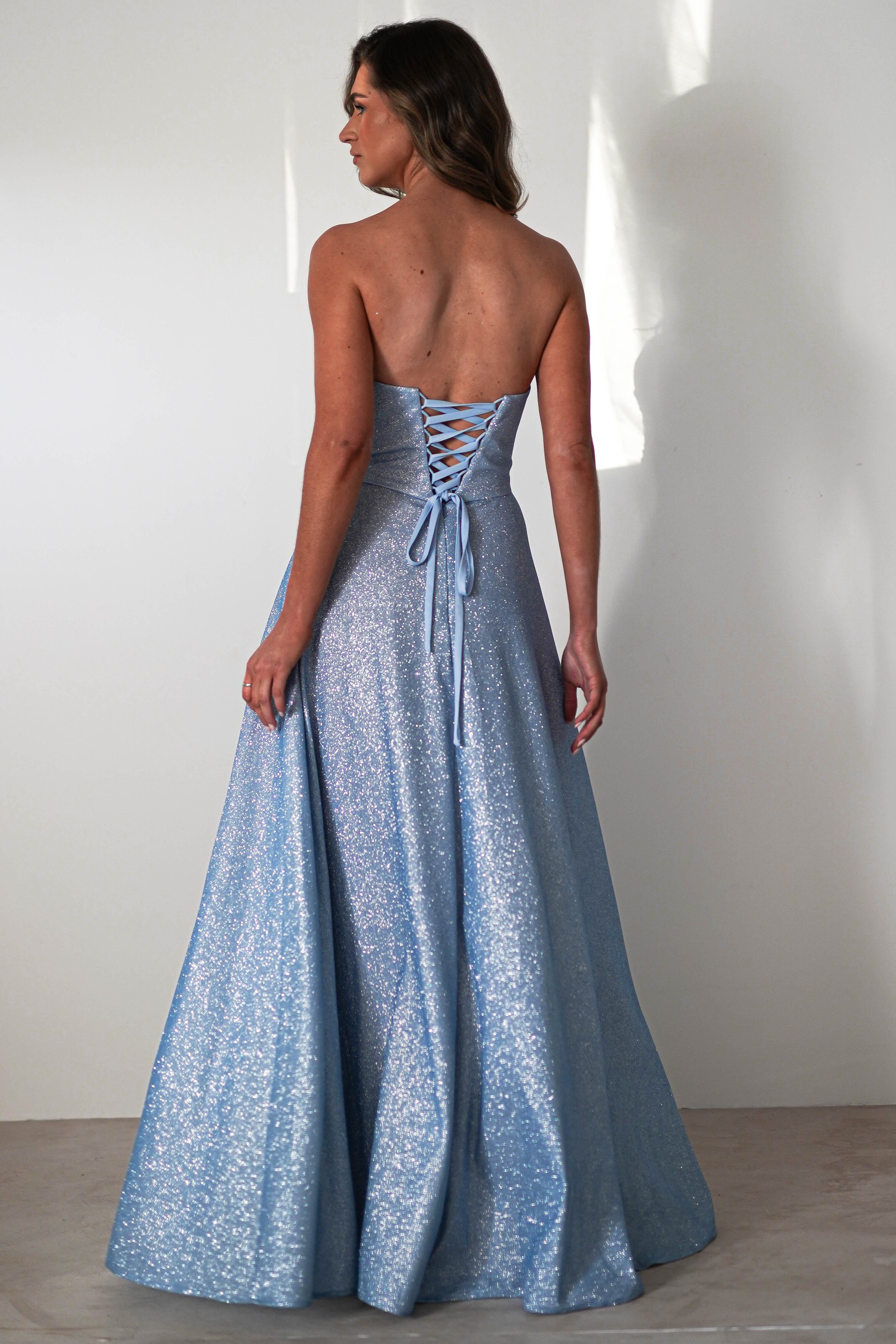 Cassia Strapless Glitter Aline Gown | Blue