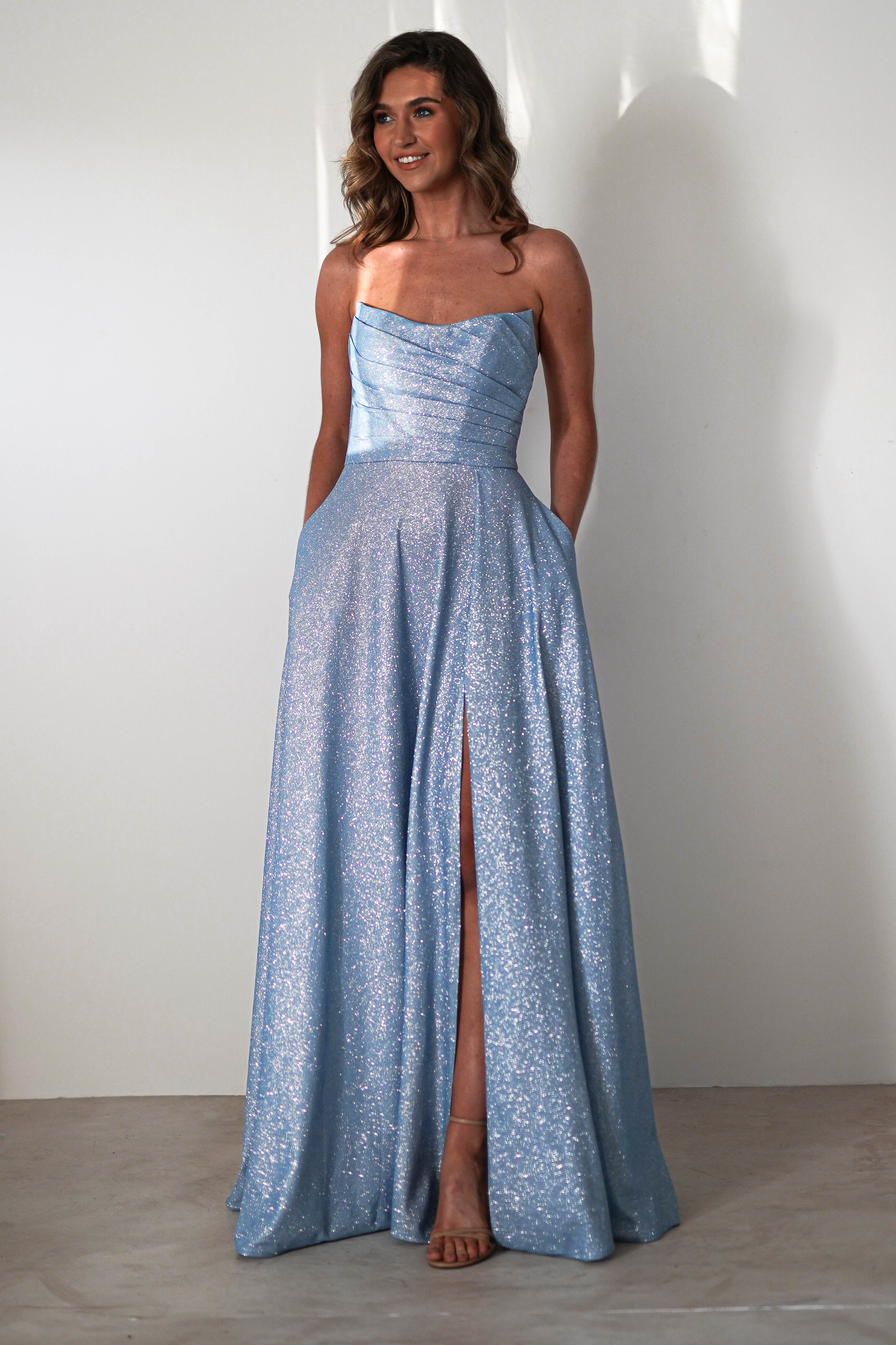 Cassia Strapless Glitter Aline Gown | Blue